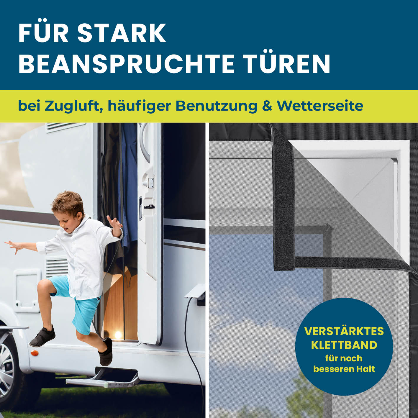 Insektenschutzvorhang für Wohnwagen - 60 x 180 cm mit verstärktem Klettband, ideal für stark beanspruchte Wohnwagentüren.