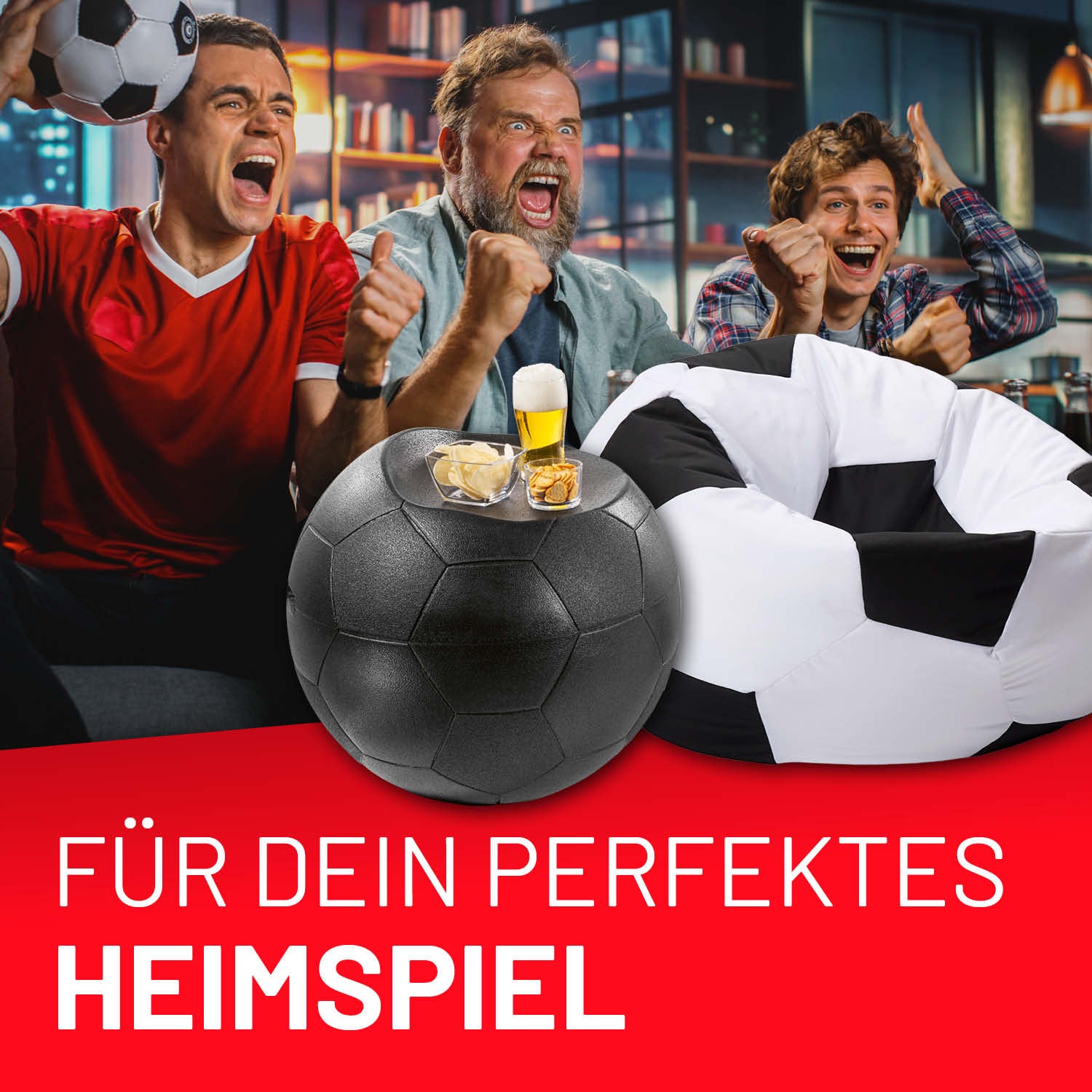 EM 2024 Fan-Lounge 1 + 1 mit XXL-Fußball-Sitzsack und Fußball-Sitz-Kühlbox, perfekt für EM-Stimmung zuhause und mit Freunden.