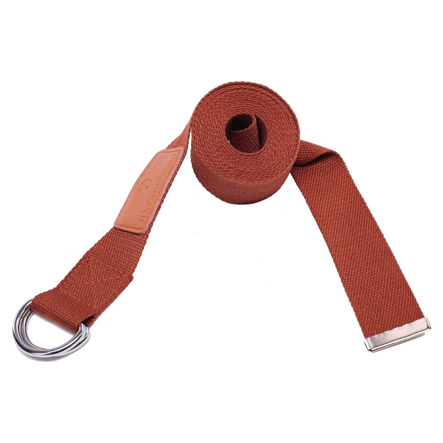 Yogagurt Amita - 260 x 3,8 cm - Schoko aus Polyester mit Metallringen zur Unterstützung von Yogaübungen und Dehnungen.