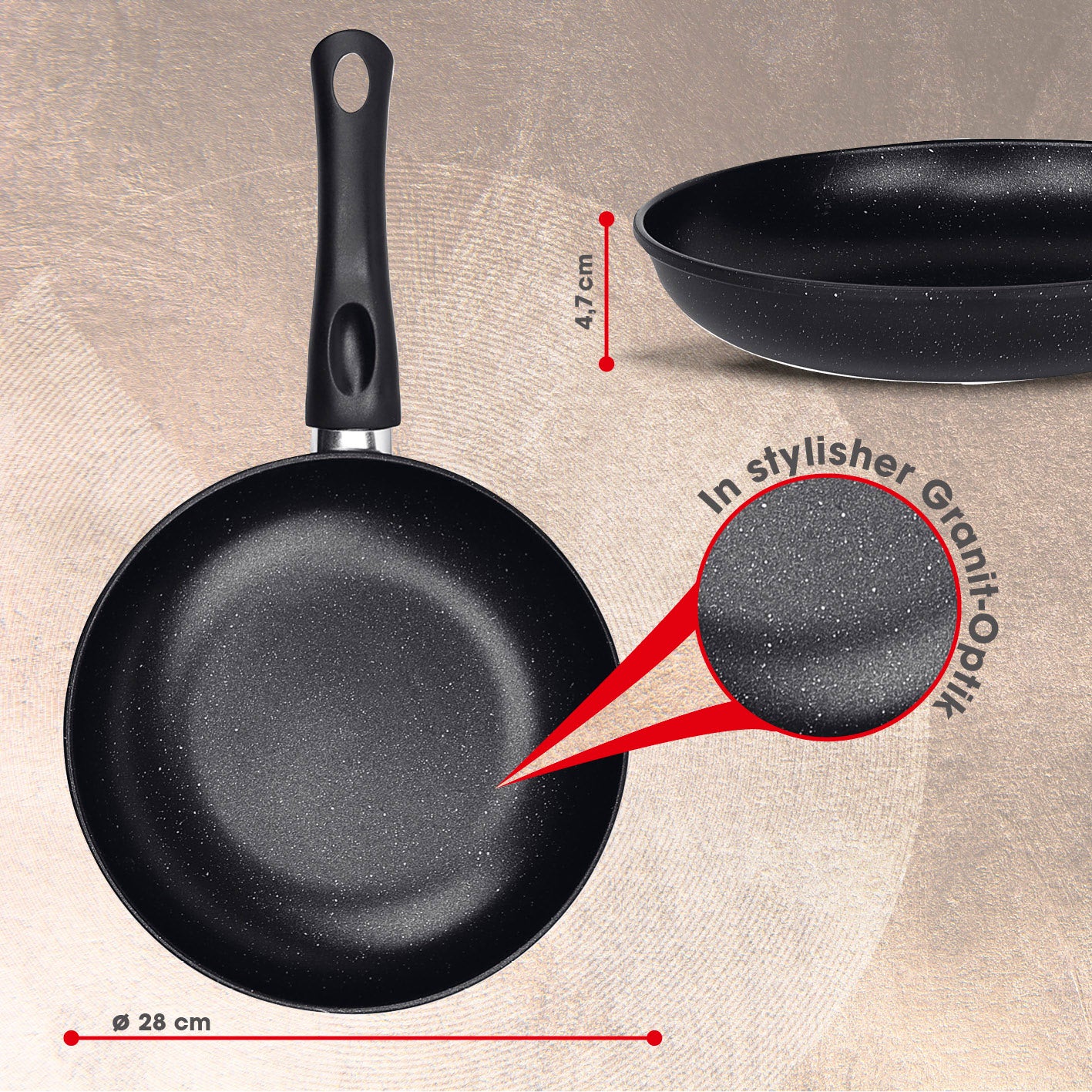 Karbonstahl-Bratpfanne Ø 28 cm mit 2-fach Antihaftbeschichtung und Granit-Optik, geeignet für alle Herdarten, langlebig und robust.