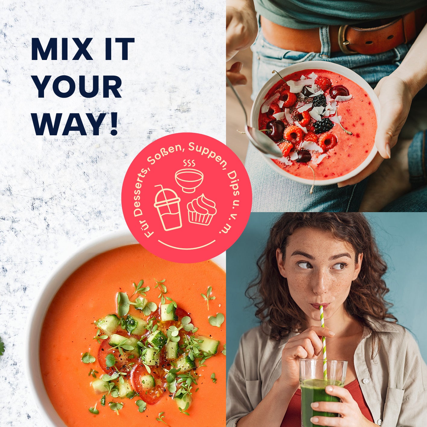 Stabmixer mit Messbecher - weiß/grau zum Pürieren und Mixen von Suppen, Desserts und Dips mit einfachem Reinigen und stabilem Edelstahlmesser.