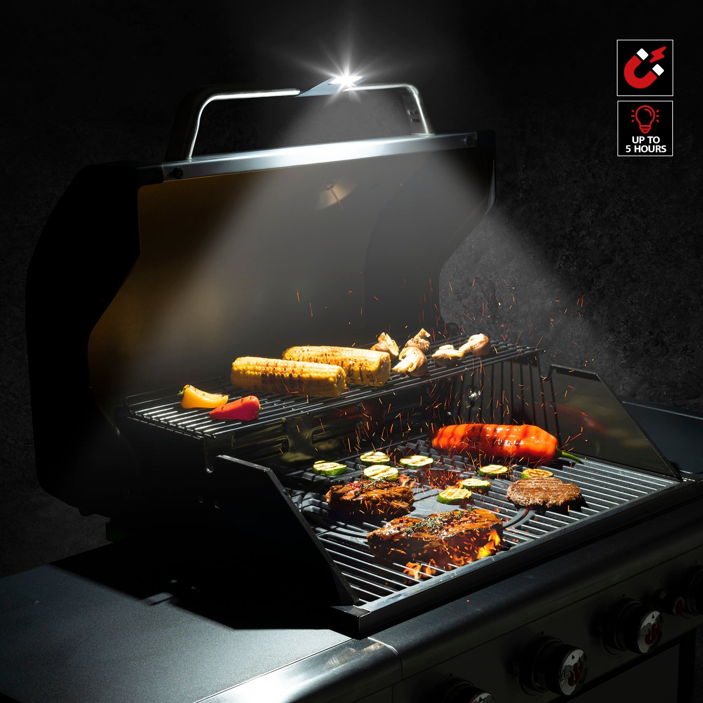LED-Grilllampe mit magnetischer Befestigung leuchtet den Grill perfekt aus, stromsparend und flexibel einstellbar bis zu 5 Stunden.