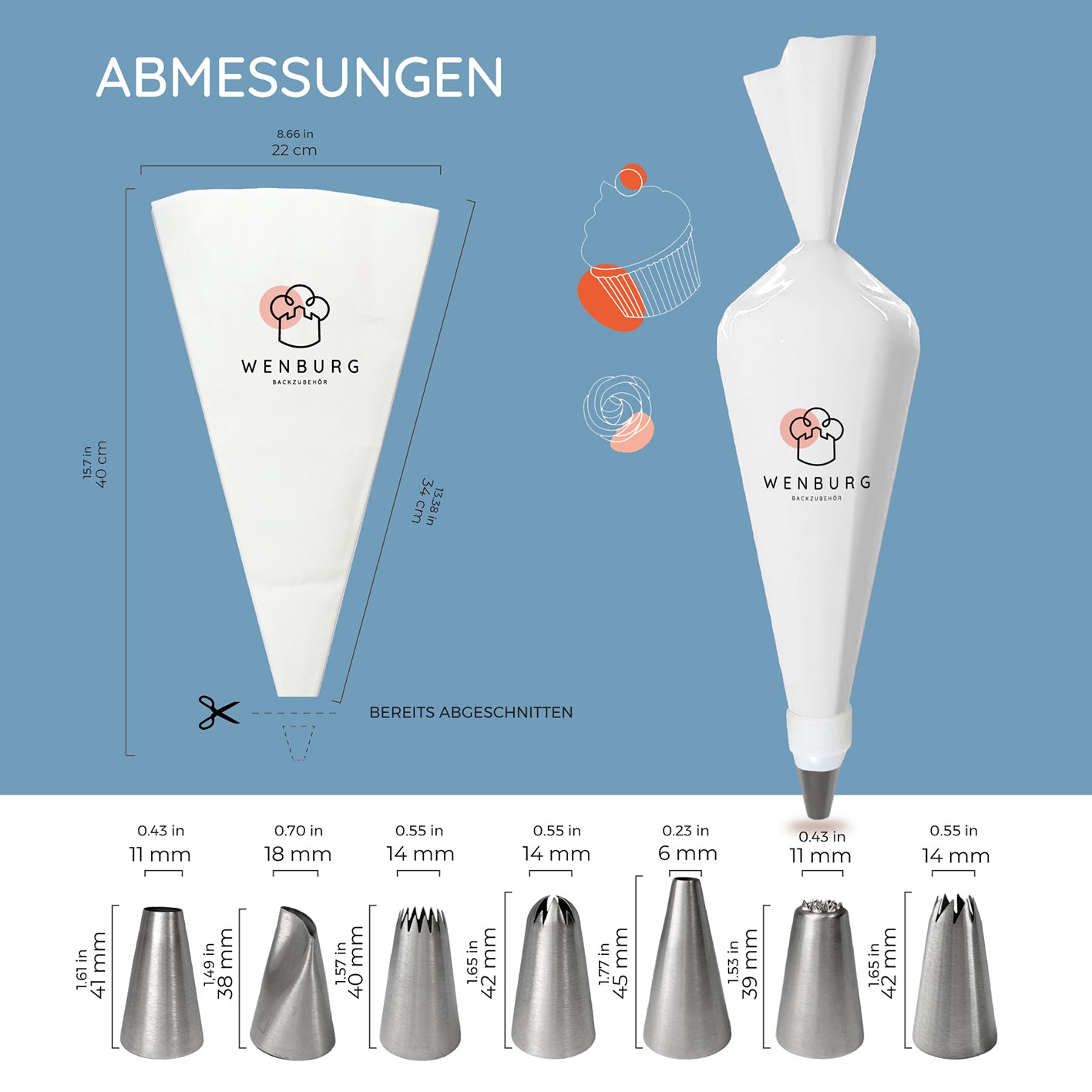 Spritzbeutel-Set - 11 tlg. mit 7 Edelstahl-Tüllen, Baumwollbeutel und Adapter für kreative Kuchendeko in Profiqualität.