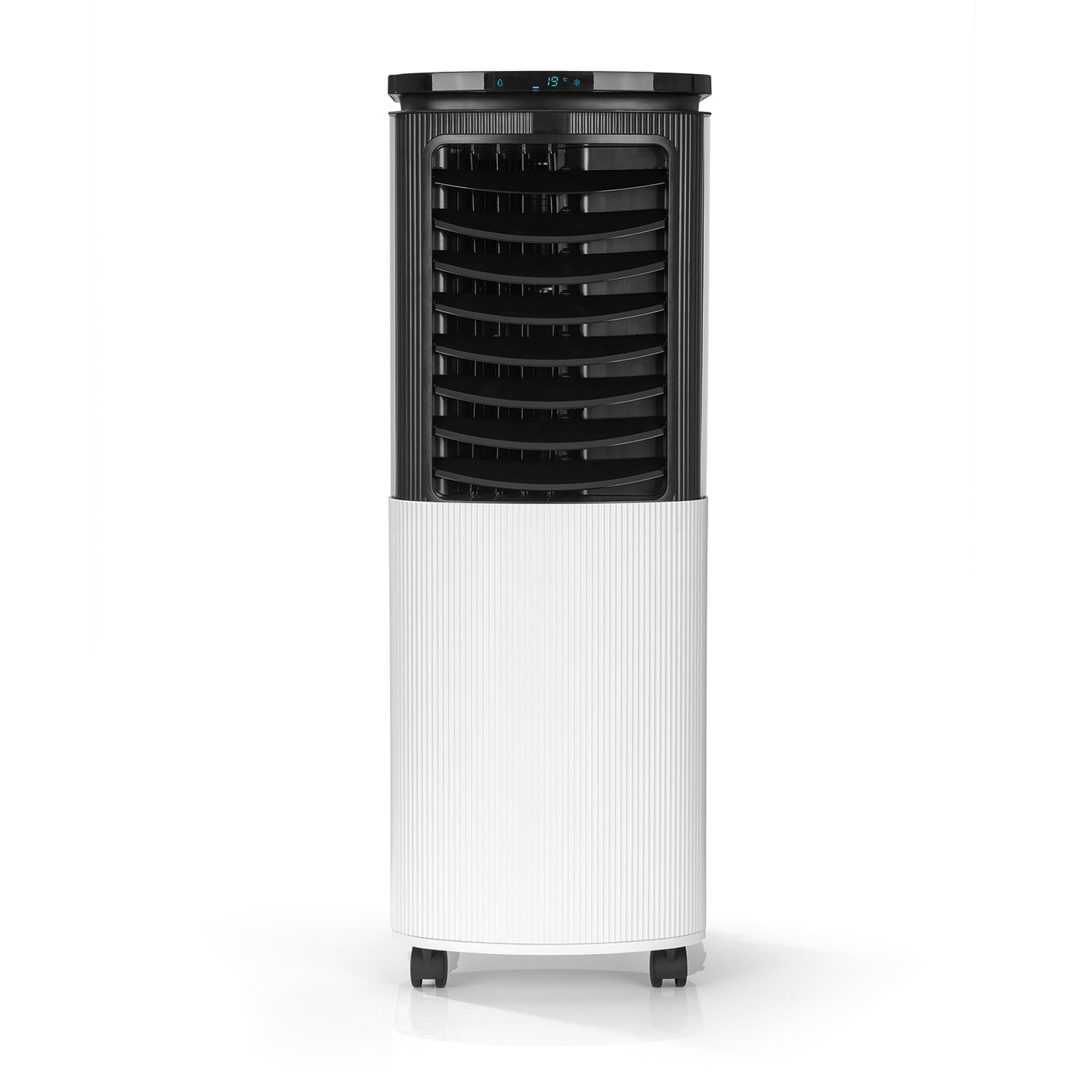 Luftkühler mit Peltier-Element in Schwarz-Weiß, kompakt mit LED-Touch-Display, ideal für Erfrischung und Luftbefeuchtung.