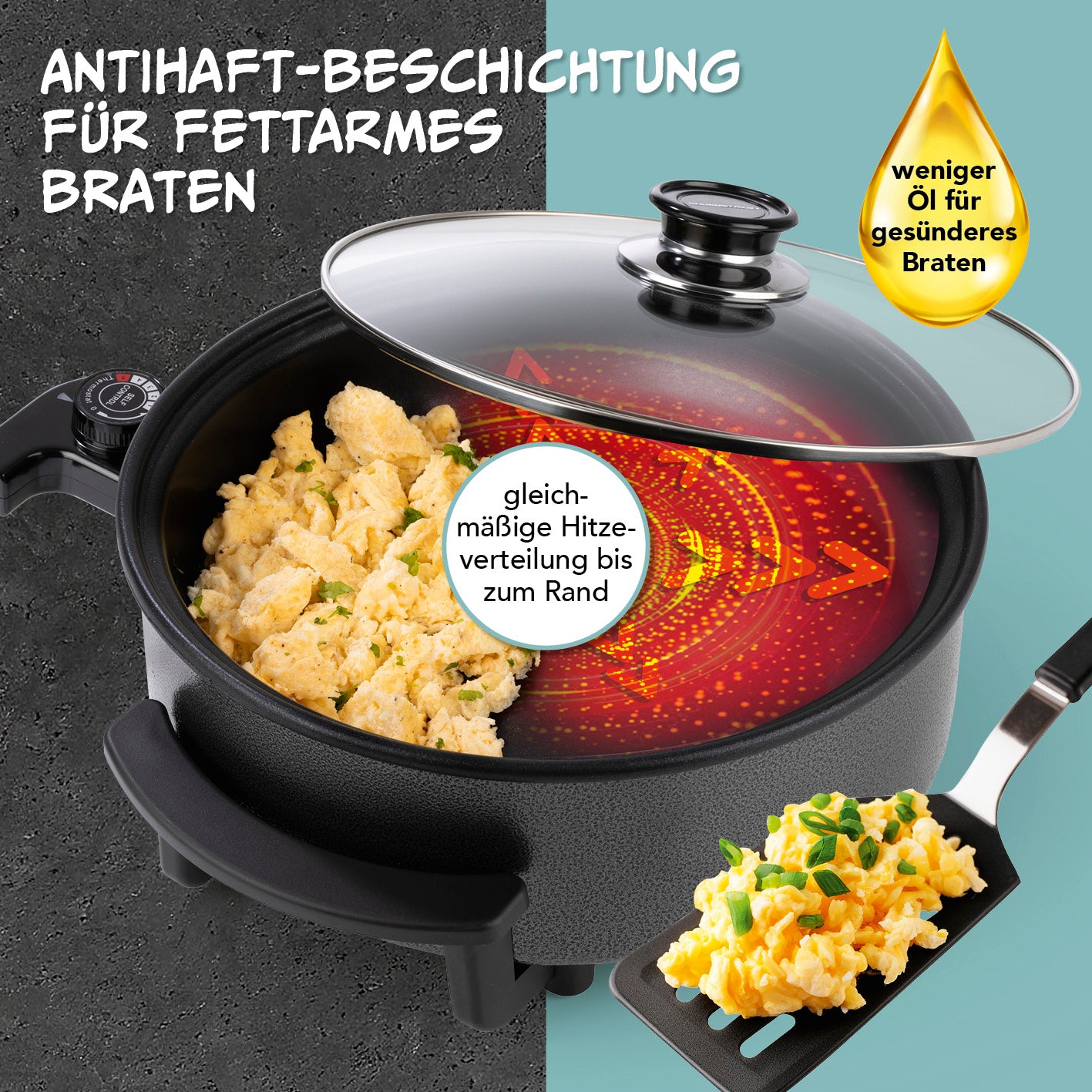 Elektrische Partypfanne - Ø 30 cm mit Antihaftbeschichtung und Glasdeckel für fettarmes Braten und gleichmäßige Hitzeverteilung.
