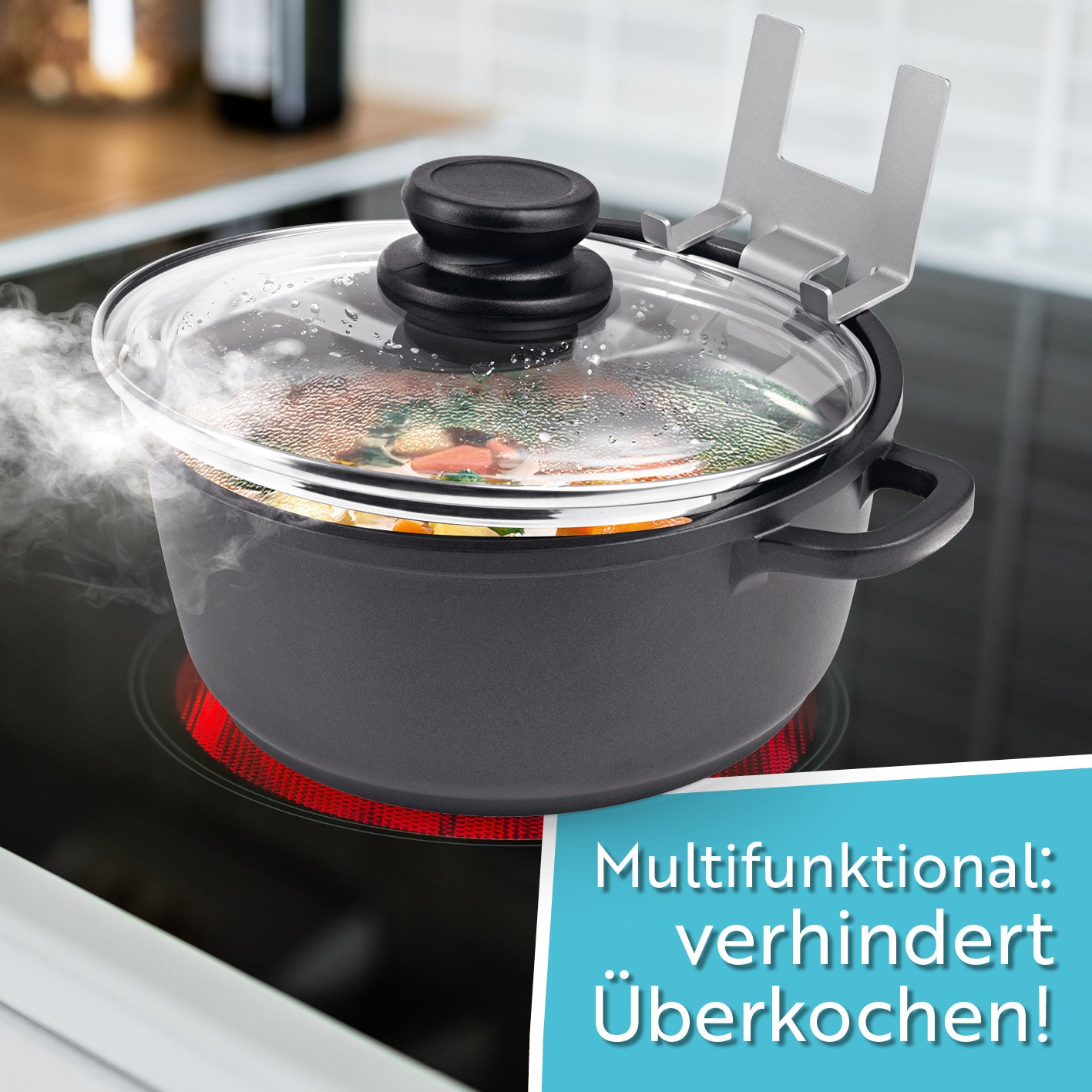 Topfdeckelhalter für Töpfe & Pfannen aus Edelstahl mit Silikonfüßen, verhindert Überkochen, passend für 16-30 cm Töpfe und Pfannen.