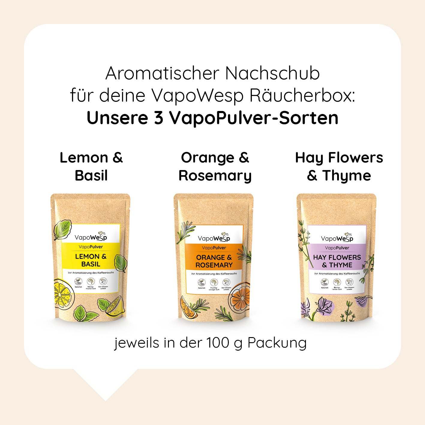 Pulver-Set Orange & Rosemary (100 g) + Lemon Basil (100 g) + Hay Flowers & Thyme (100 g) Aromaduft für VapoWesp Räucherbox.
