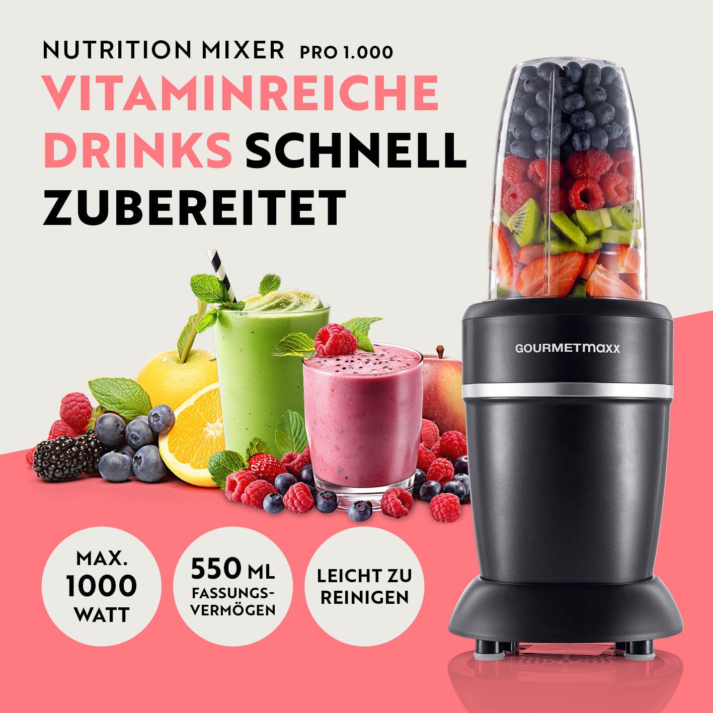 Nutrition Mixer Pro 1.000 mit Zubehörset L - Schwarz/Silber bereitet schnell vitaminreiche Drinks mit 1000 Watt und 550 ml Fassungsvermögen zu.