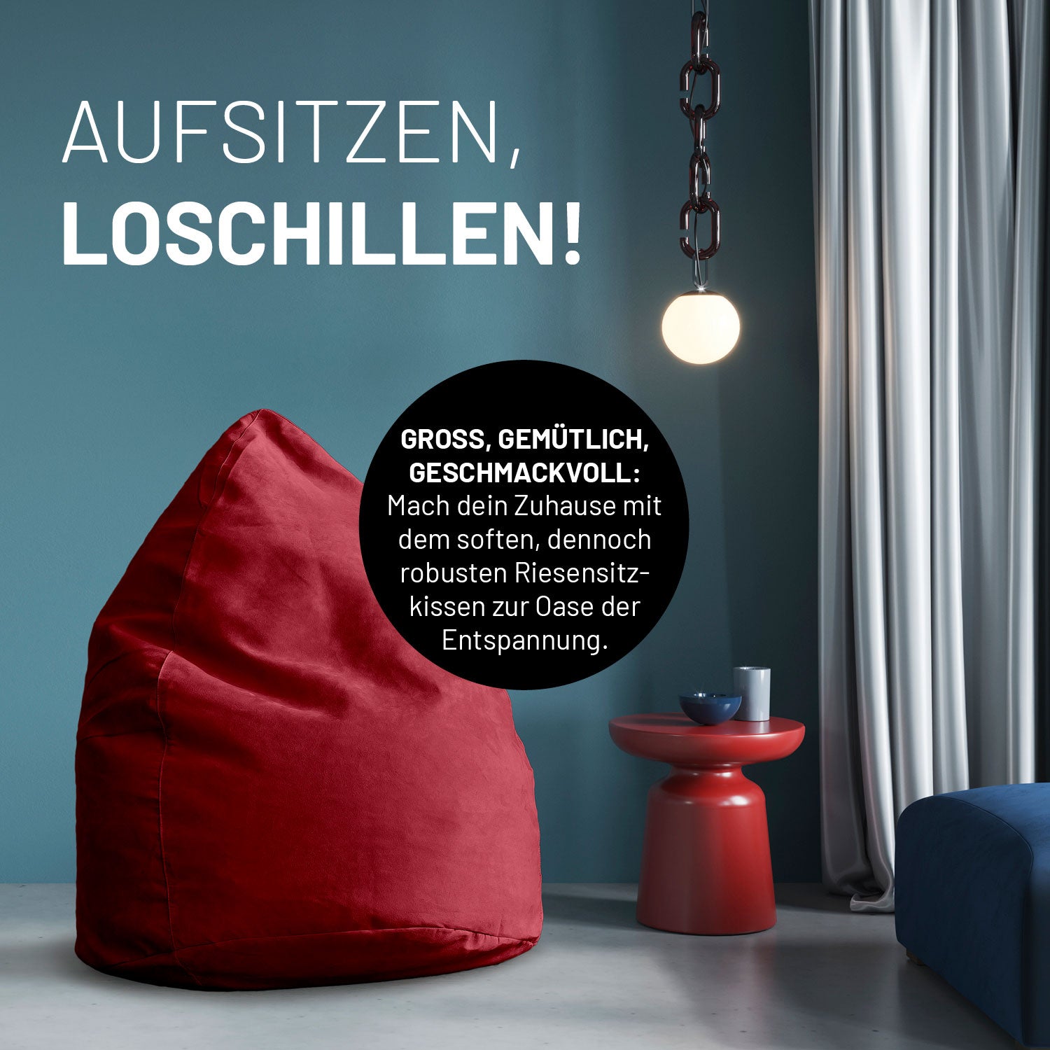Luxury XL PLUS Sitzsack (220 L) in Rot, großes, gemütliches Sitzkissen für drinnen, passt sich optimal der Sitzposition an.