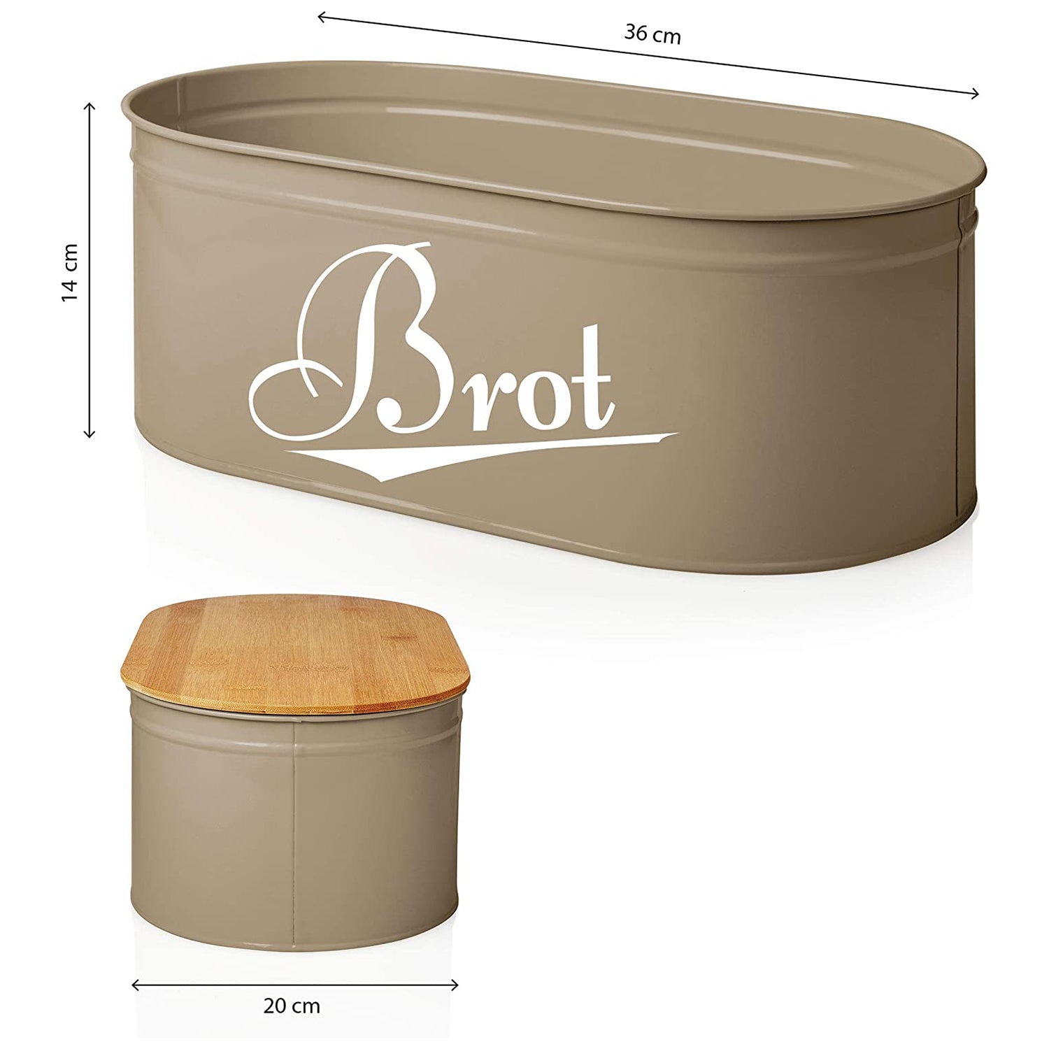 Cuisine Brotkasten aus Metall mit Bambus Deckel - Oval 36 x 20 x 13,8 cm in Grau, mit luftdurchlässigem Deckel und Brotzeit-Schriftzug.