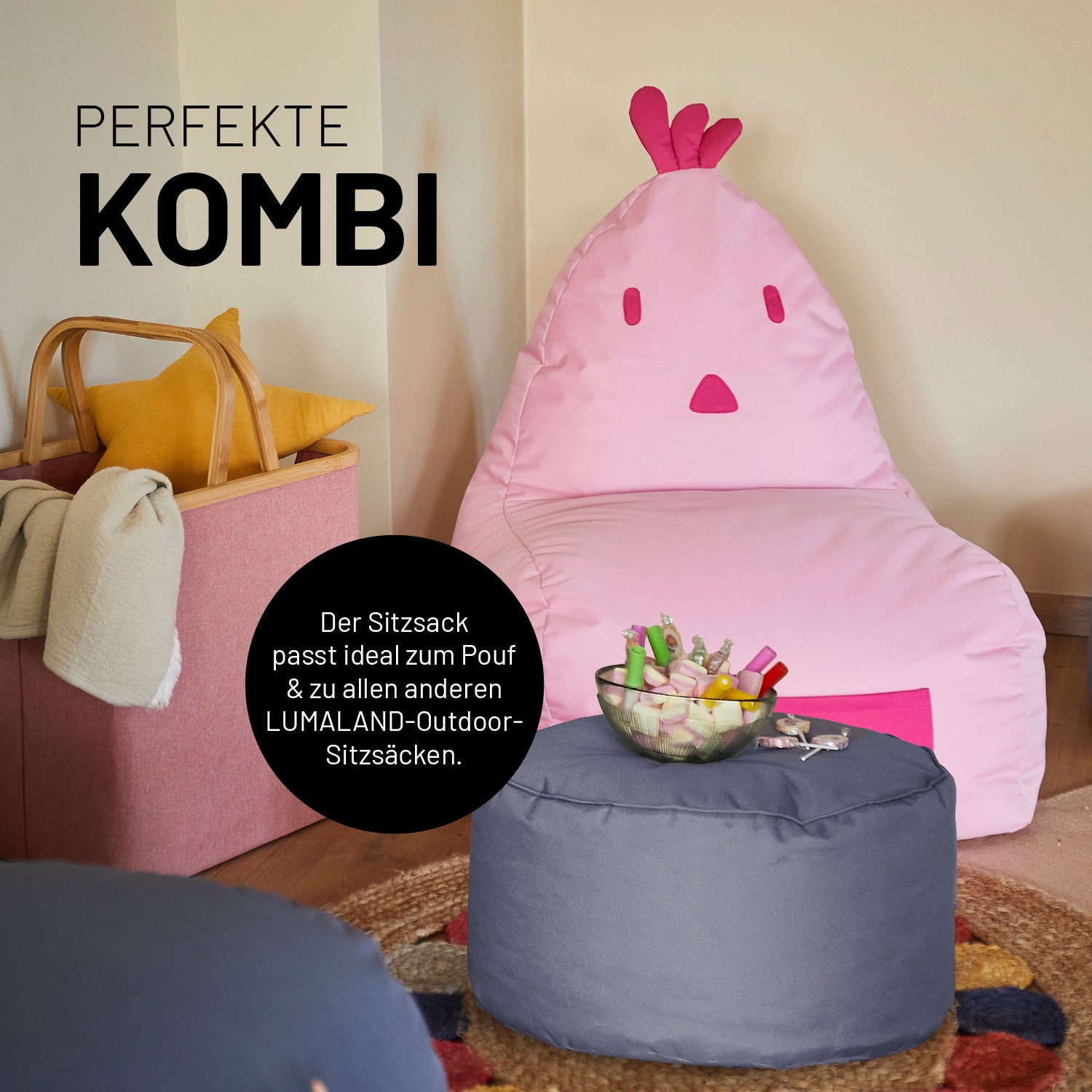 Kindersitzsack Animal Line Chick (200 L) in Pastell Grün, kuschelig, wasserabweisend und passend zu LUMALAND-Outdoor-Sitzsäcken.
