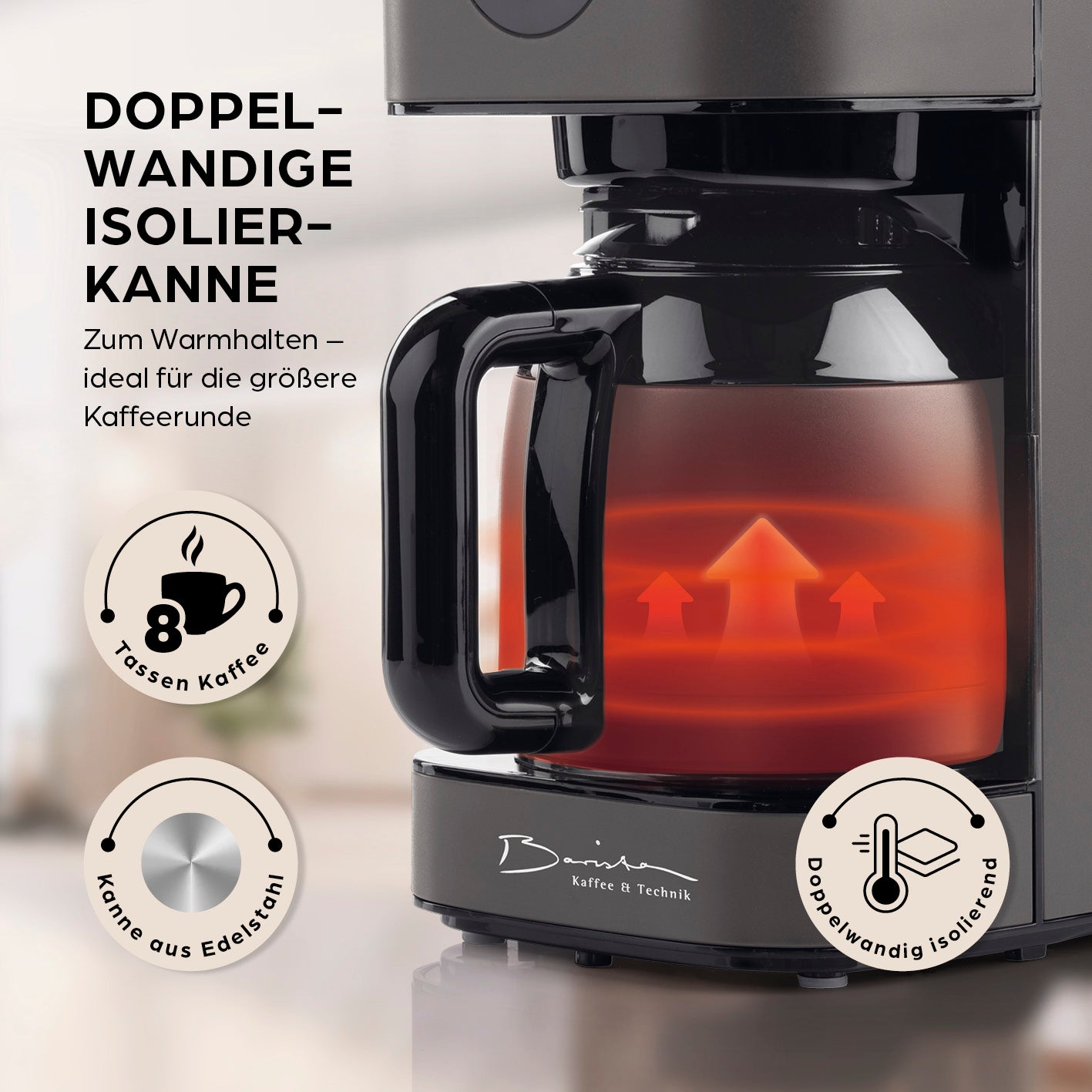 Filterkaffeemaschine Touch Iso - Grau mit doppelwandiger Edelstahl-Isolierkanne und 8 Tassen Fassungsvermögen für länger warmen Kaffee.