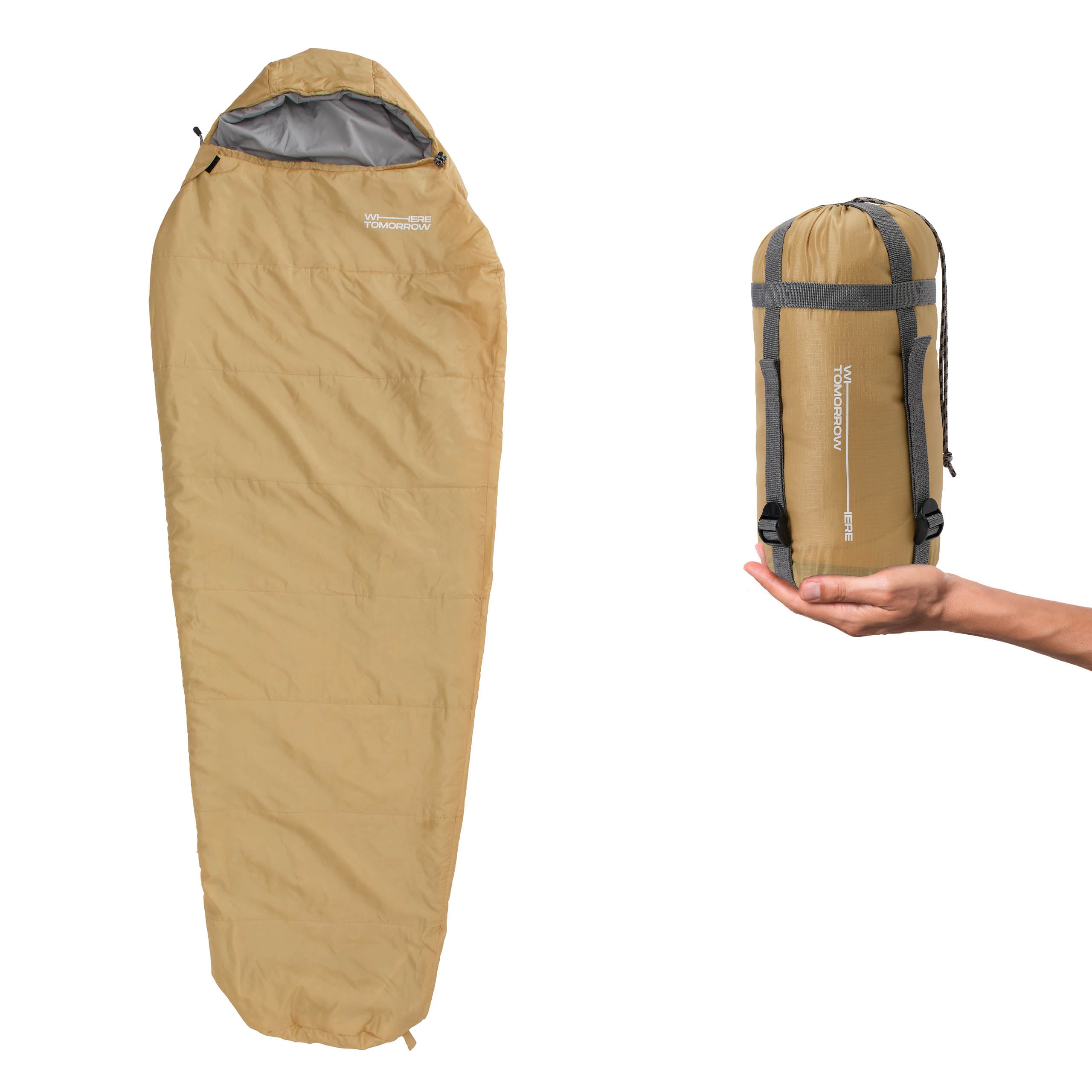 Camping Schlafsack Small & Light Curry mit wasserabweisendem Material, kompakt im Packsack, ideal für Outdoor und Camping bis -5 °C.