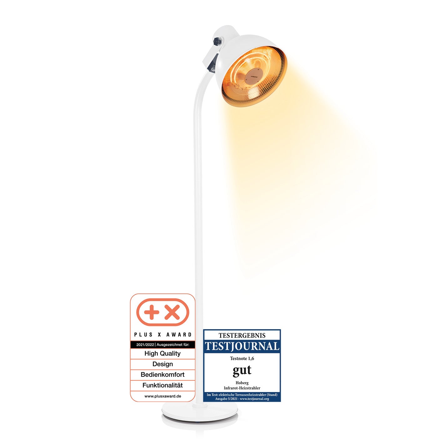 Infrarot-Heizstrahler mit Standfuß, Carbon-Heizelement, 3 Heizstufen, Fernbedienung, verstellbarer Lampenkopf, für innen und außen.