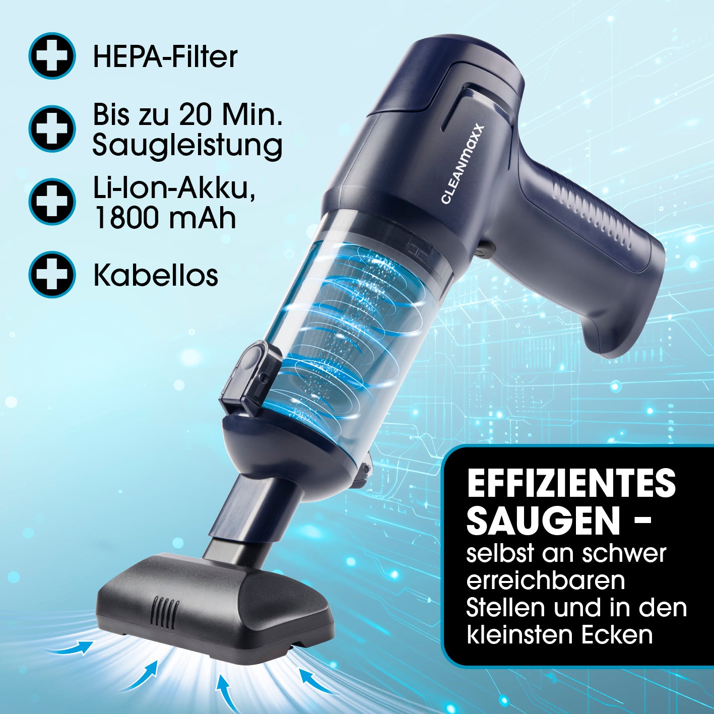 2in1-Akkusauger mit Saug- & Gebläsefunktion kabellos mit HEPA-Filter und bis zu 20 Min. Laufzeit für effizientes Saugen in kleinen Ecken.