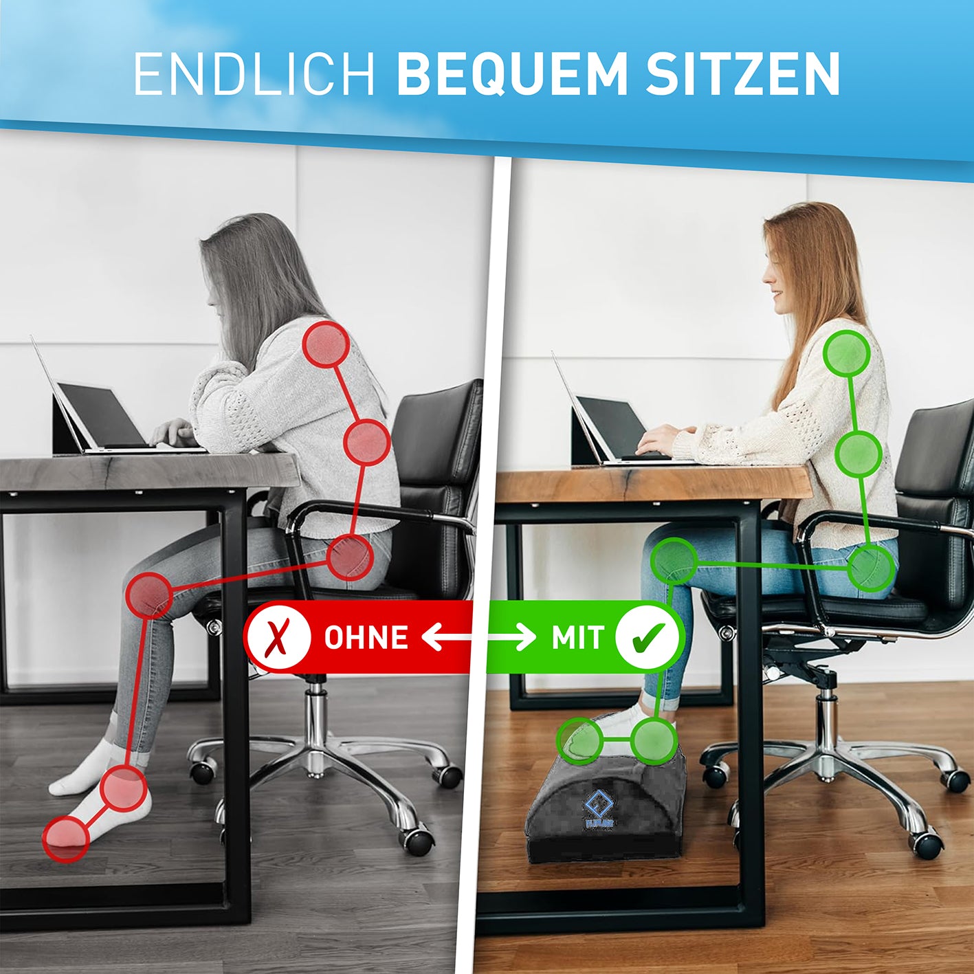 Schreibtisch-Fußstütze mit Fußtasche - Dunkelgrau zeigt bessere Haltung und mehr Komfort beim Sitzen am Schreibtisch im Homeoffice.