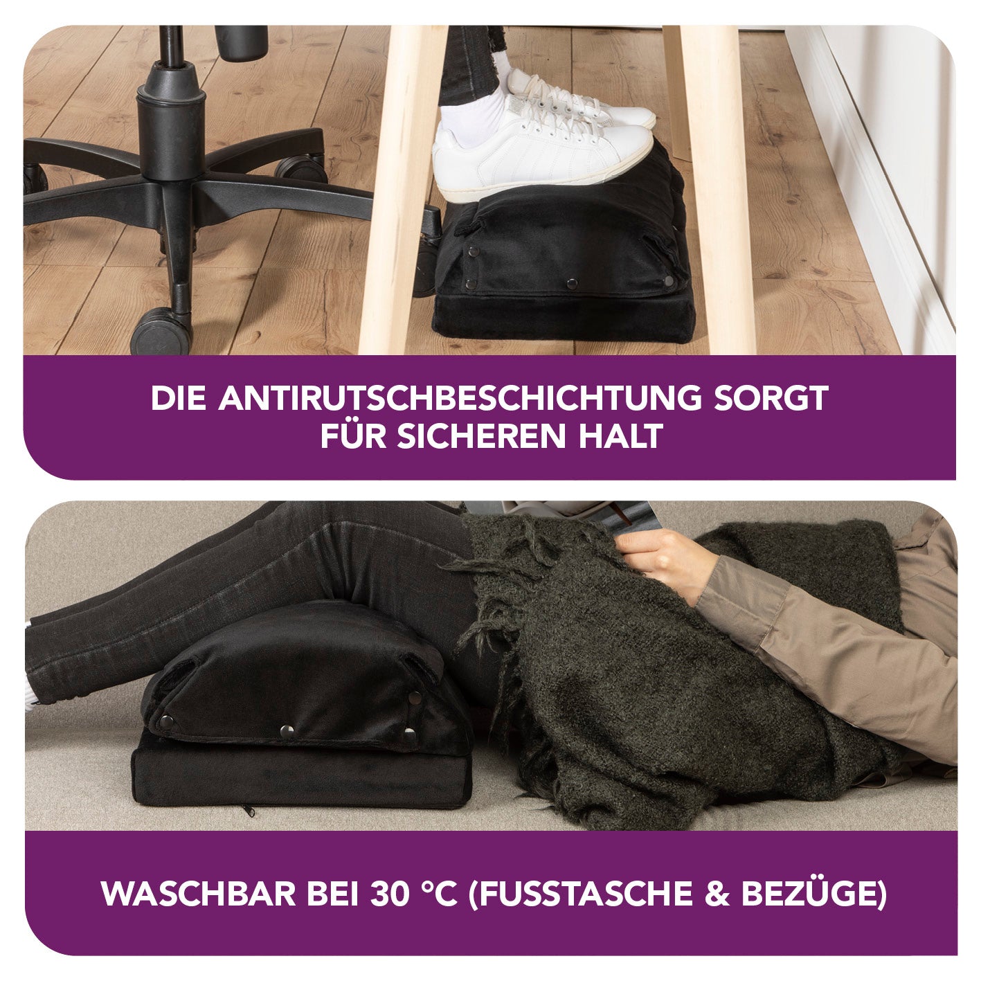 2-in-1-Fußstütze - Füße ablegen und wärmen mit Antirutschbeschichtung und abnehmbarer, waschbarer Flauschfaser-Fußtasche.