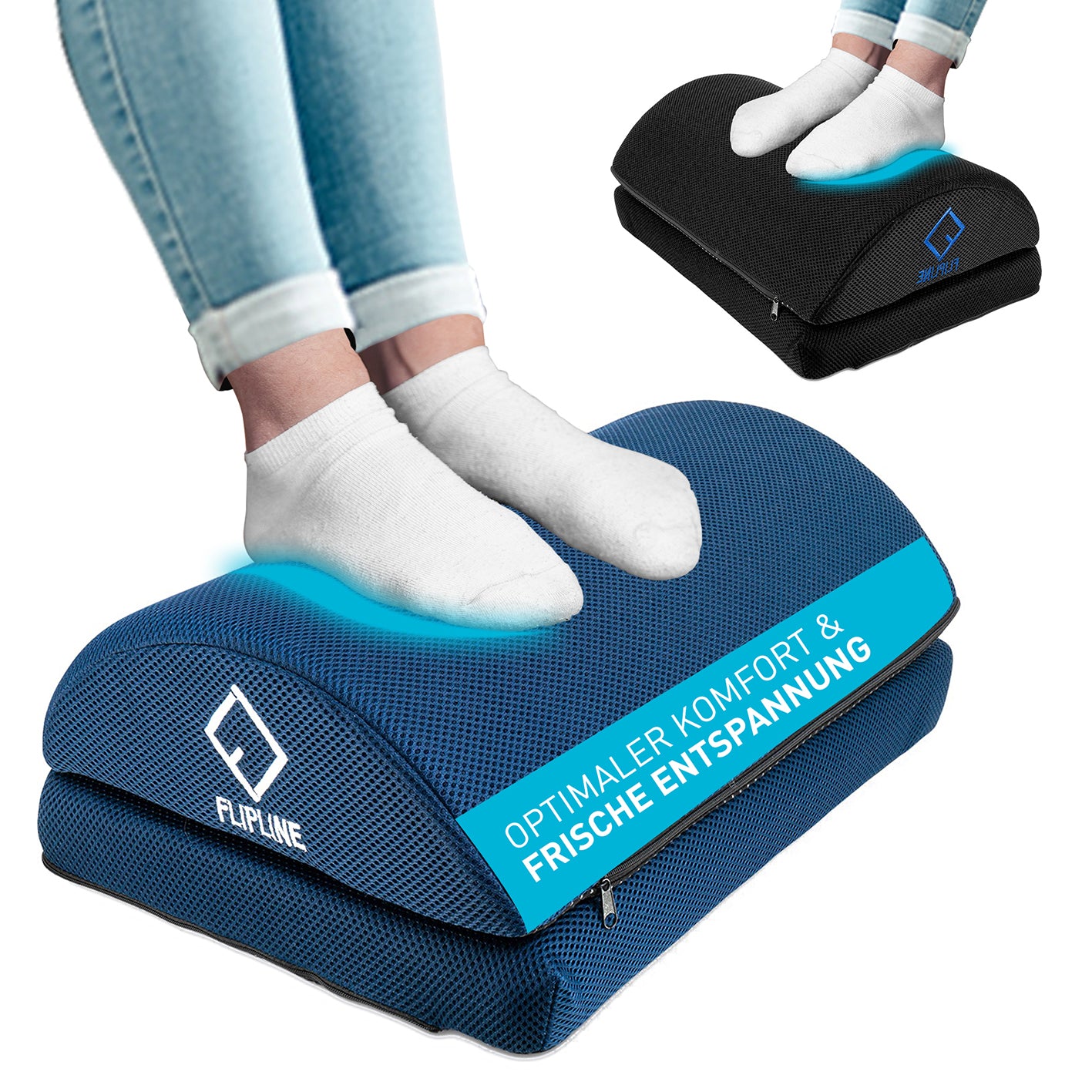 Schreibtisch-Fußstütze Mesh - Blau mit ergonomischem Design, höhenverstellbar und rutschfester Unterseite für Komfort und Entspannung.