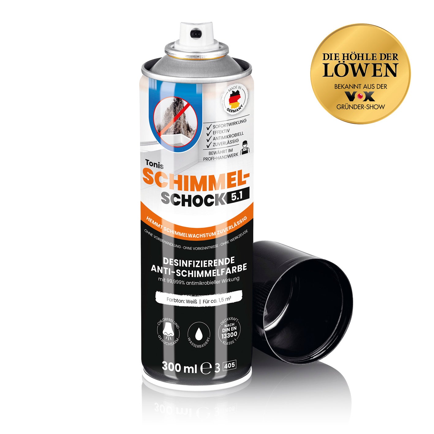 Tonis SCHIMMELSCHOCK 5.1 Anti-Schimmel-Farbe Spraydose, weiß, chlorfrei, geruchsarm, 300 ml zur Beseitigung von Schimmelflecken.
