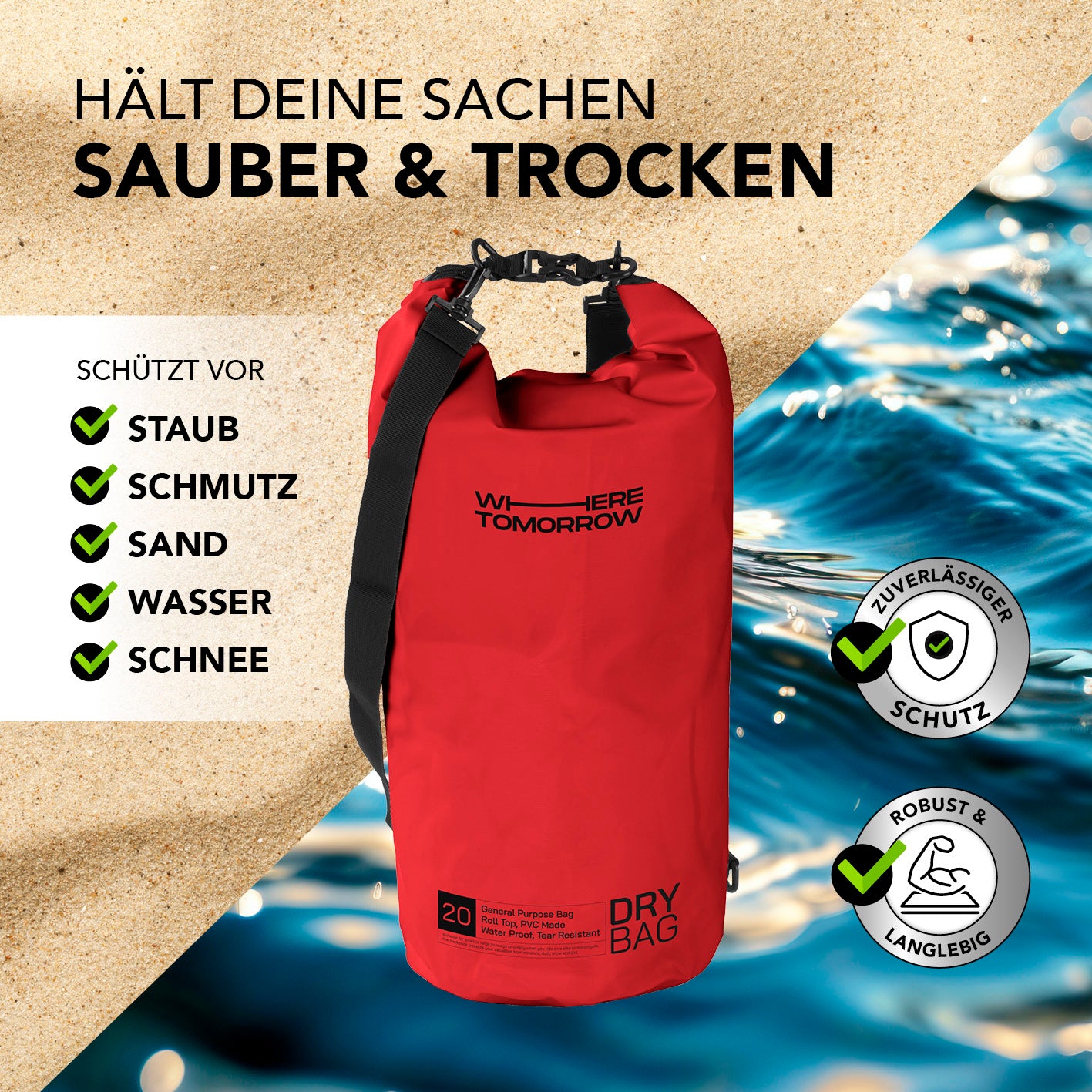 Dry Bag 20L - Style 01 - Rot, wasserdichter, robuster Outdoor-Rucksack schützt vor Sand, Wasser, Staub und Schnee, mit verstellbarem Schultergurt.