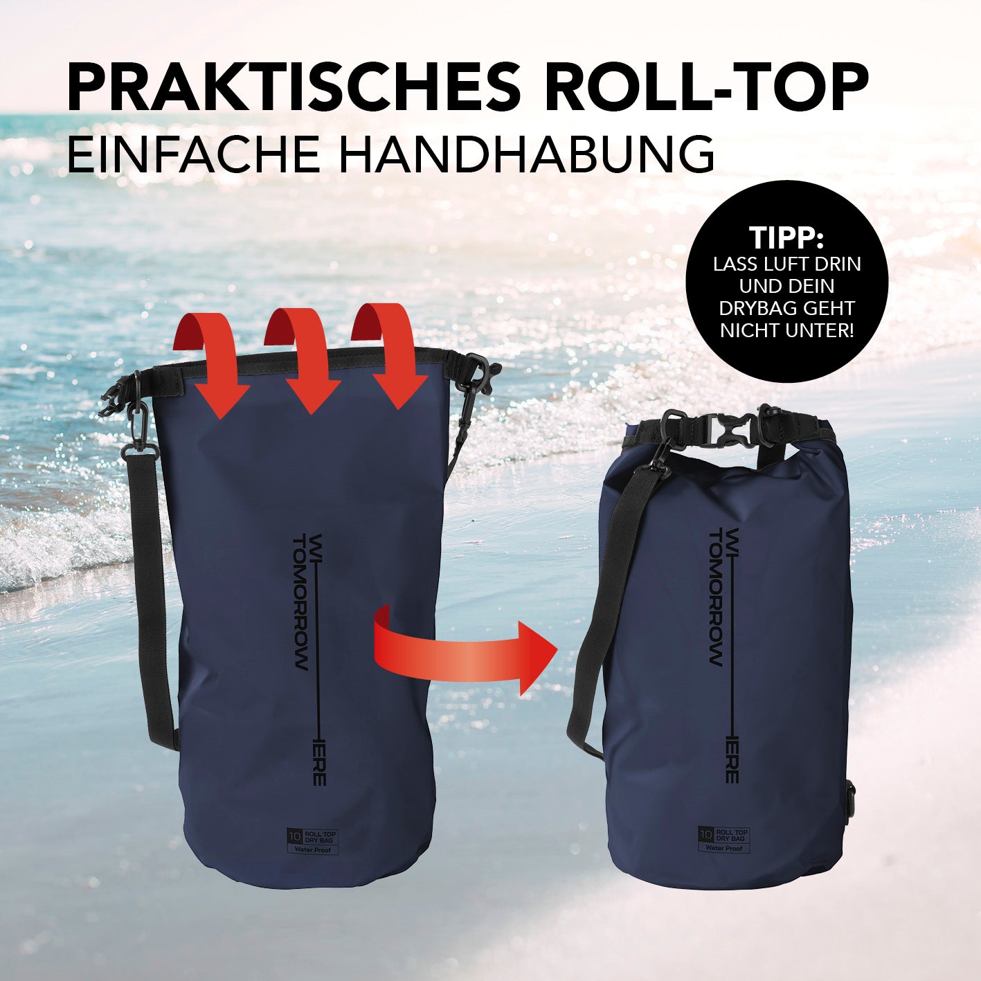 Dry Bag 10L - Style 02 - Dunkelblau mit wasserdichtem Rolltop-Verschluss und verstellbarem Schultergurt für Outdoor-Abenteuer.