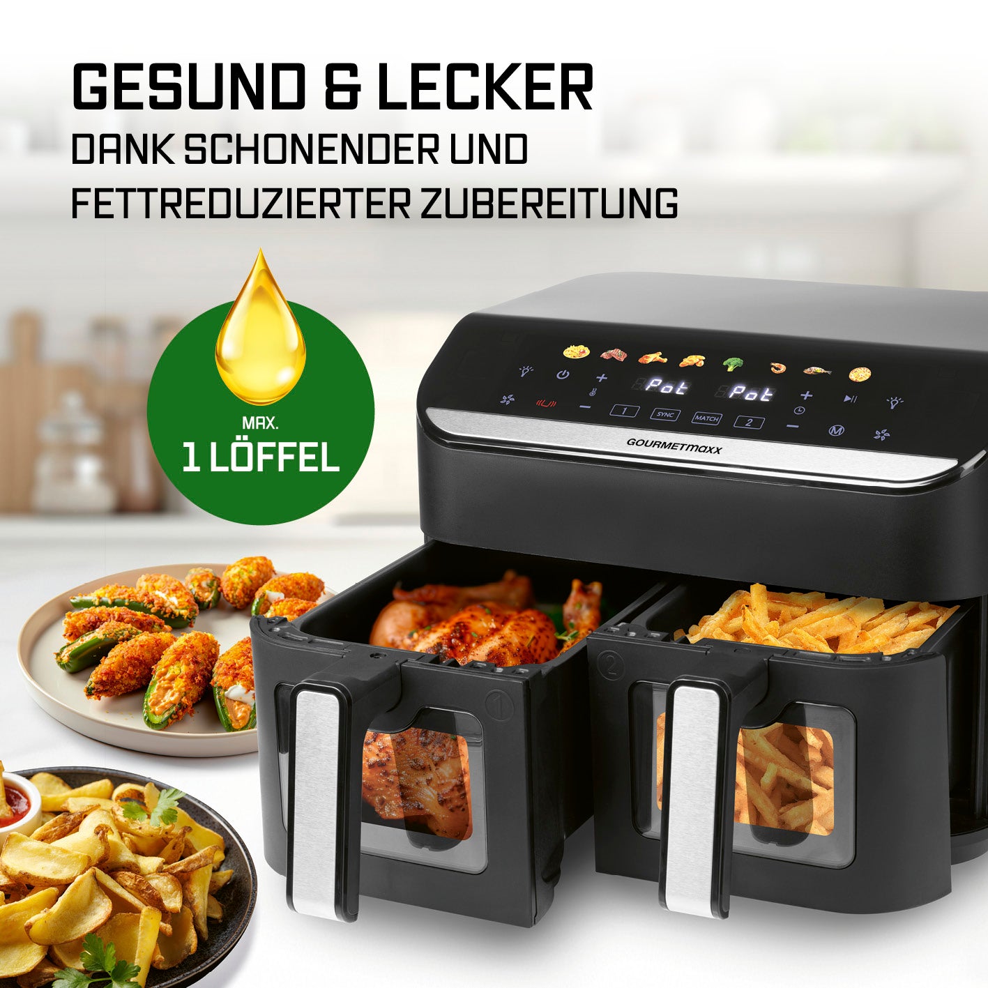Doppelkammer-Heißluftfritteuse - 9 Liter mit 2 Fächern, fettarmer Zubereitung und Touchscreen für knusprige Gerichte.