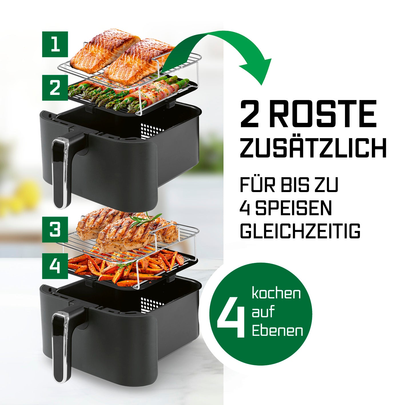 FryUp Vertikale Doppelkammer-Heißluftfritteuse - Grau mit 2 zusätzlichen Rosten für 4 Speisen gleichzeitig auf 4 Ebenen kochen.