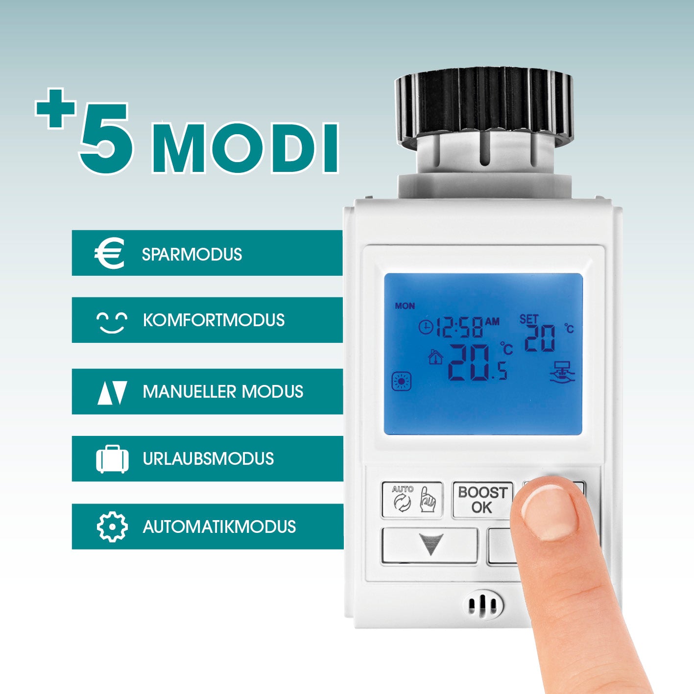 Heizkörperthermostat Digital mit 5 Modi, Boost-Funktion und beleuchtetem Display für energiesparendes, gradgenaues Heizen.