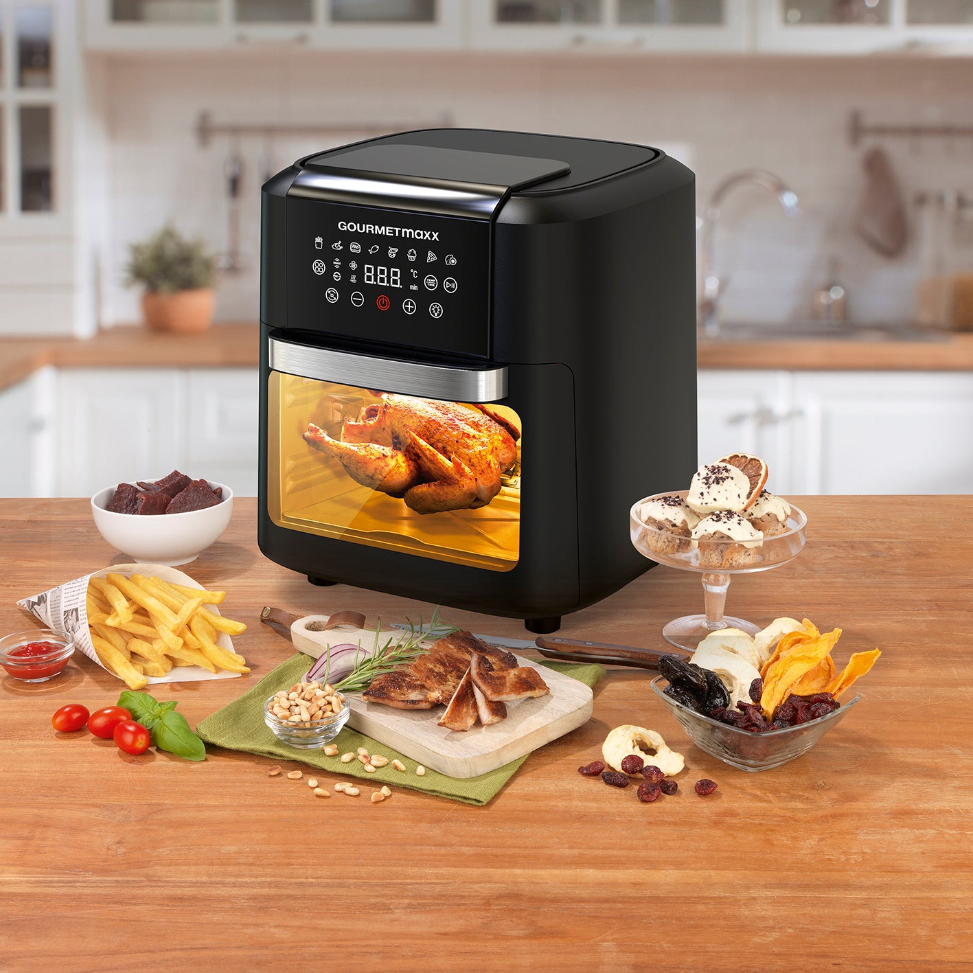4in1-Heißluftfritteuse mit Touchdisplay - 11 L, XXL-Garraum für fettarme, knusprige Gerichte wie Hähnchen, Pommes und Dörren.