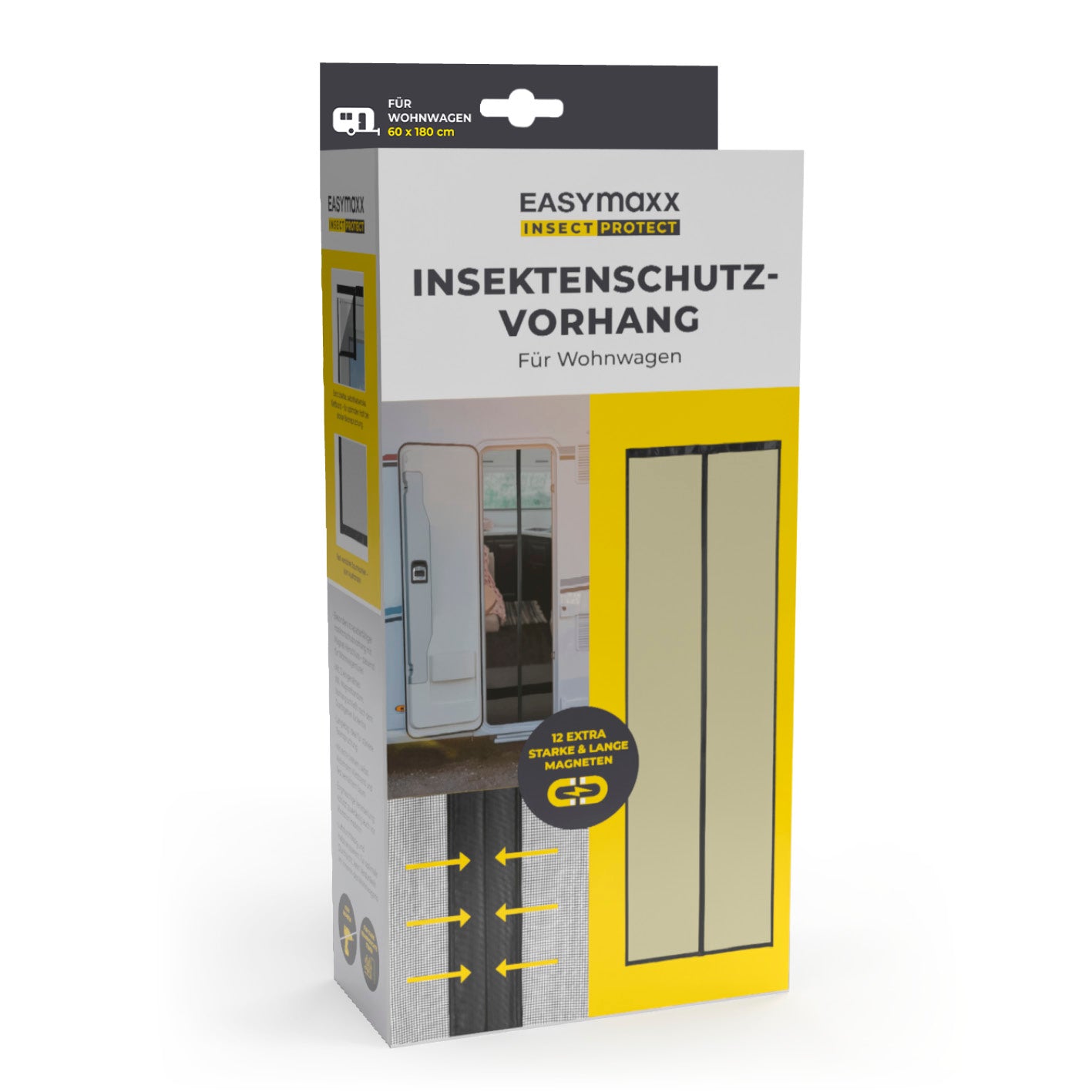 Insektenschutzvorhang für Wohnwagen 60x180 cm mit starken Magneten und feiner Maschenstruktur für optimalen Schutz vor Insekten.