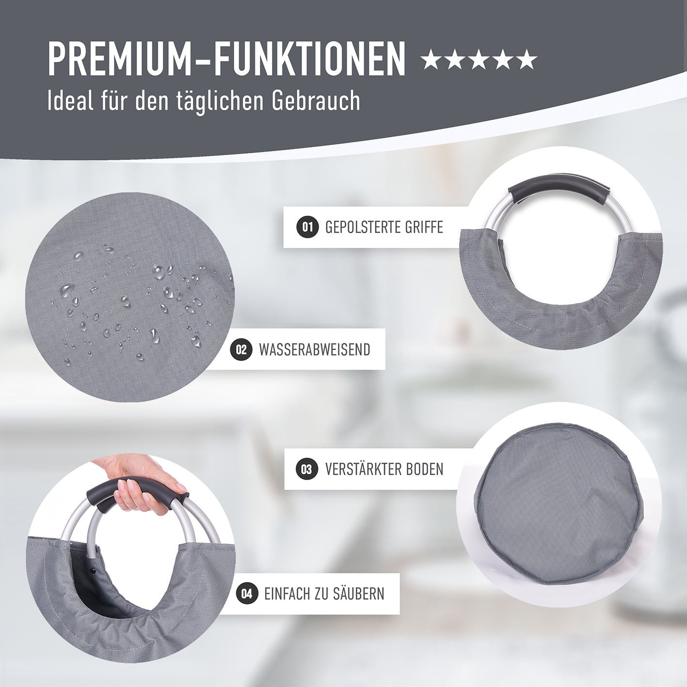 Faltbarer Pfandflaschen Sammelbehälter - Grau mit wasserabweisendem Stoff, gepolsterten Griffen und verstärktem Boden für einfachen Transport.