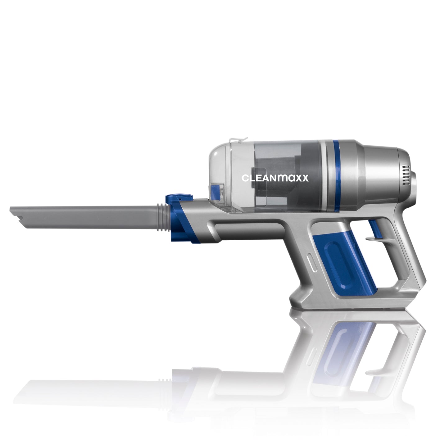 Akku-Zyklon-Staubsauger - silber/blau mit starker Akku-Laufzeit, beutelloser Zyklon-Technologie und Aluminium-Steckrohrverlängerung.