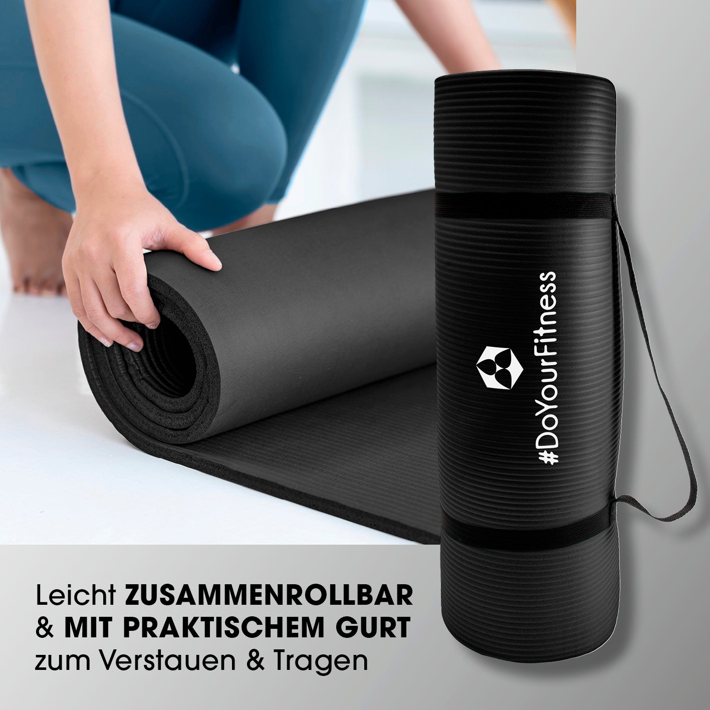 Fitness- und Gymnastikmatte - 183 x 61 x 2 cm - Schwarz, rutschfest, zusammenrollbar mit Tragegurt, ideal für Yoga und Gymnastik.