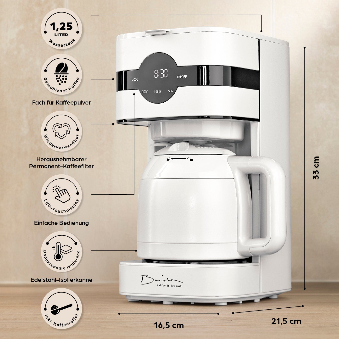 Filterkaffeemaschine Touch Iso - weiß mit Timer, LED-Touchdisplay, 1,25 l Edelstahl-Isolierkanne und permanentem Kaffeefilter