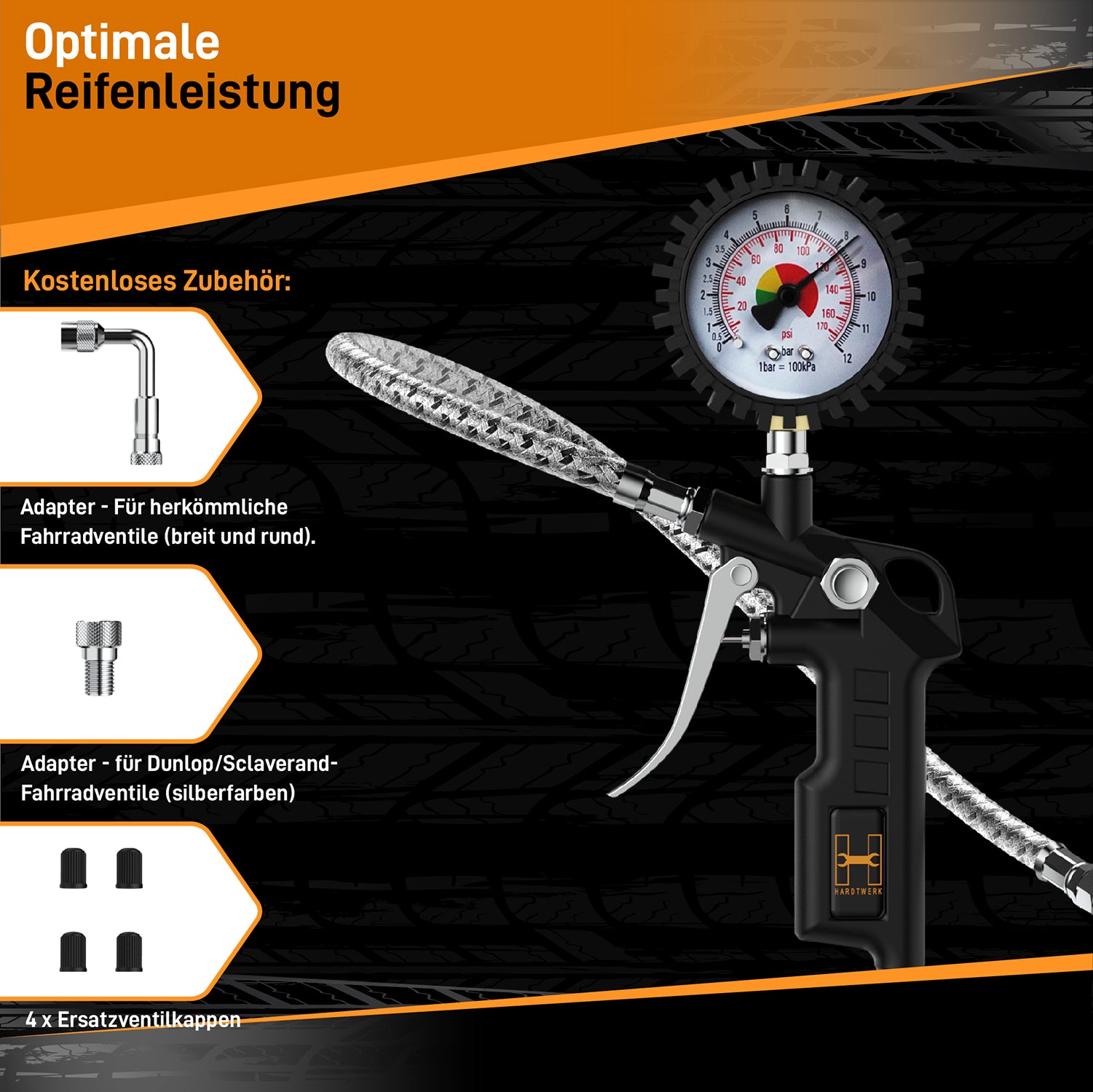 Reifendruckprüfer mit Manometer, 360° drehbar, inkl. Adapter für Fahrradventile und Ersatzventilkappen für präzise Messungen.