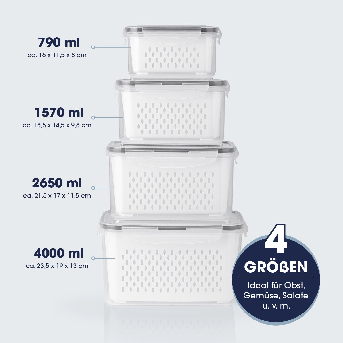 Frischhaltedosen für Kühlschrank mit Abtropfsieb in 4 Größen, luftdicht, auslaufsicher und ideal zur Lebensmittelaufbewahrung.