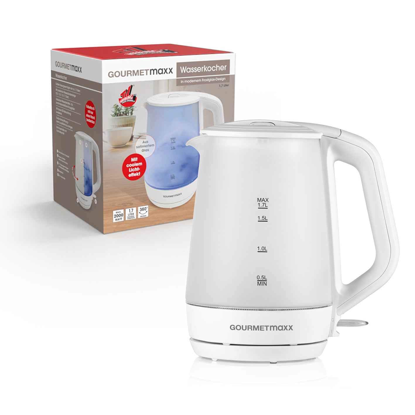 Glas-Wasserkocher mit Frostglas-Design - 1,7 Liter mit Wasserstandsanzeige und kabellosem Behälter von GOURMETmaxx.