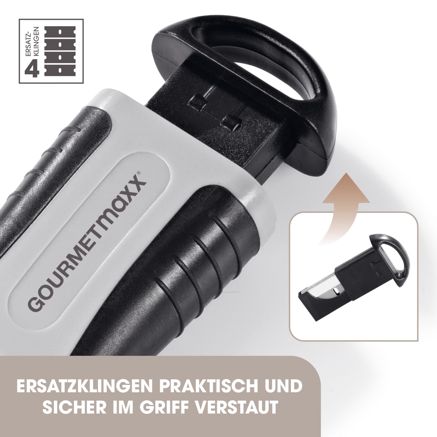 Kochfeldschaber - 13,2 x 5,1 x 2,2 cm - schwarz/grau mit Soft-Touch-Griff und einziehbarer Klinge zur einfachen Fleckenentfernung.
