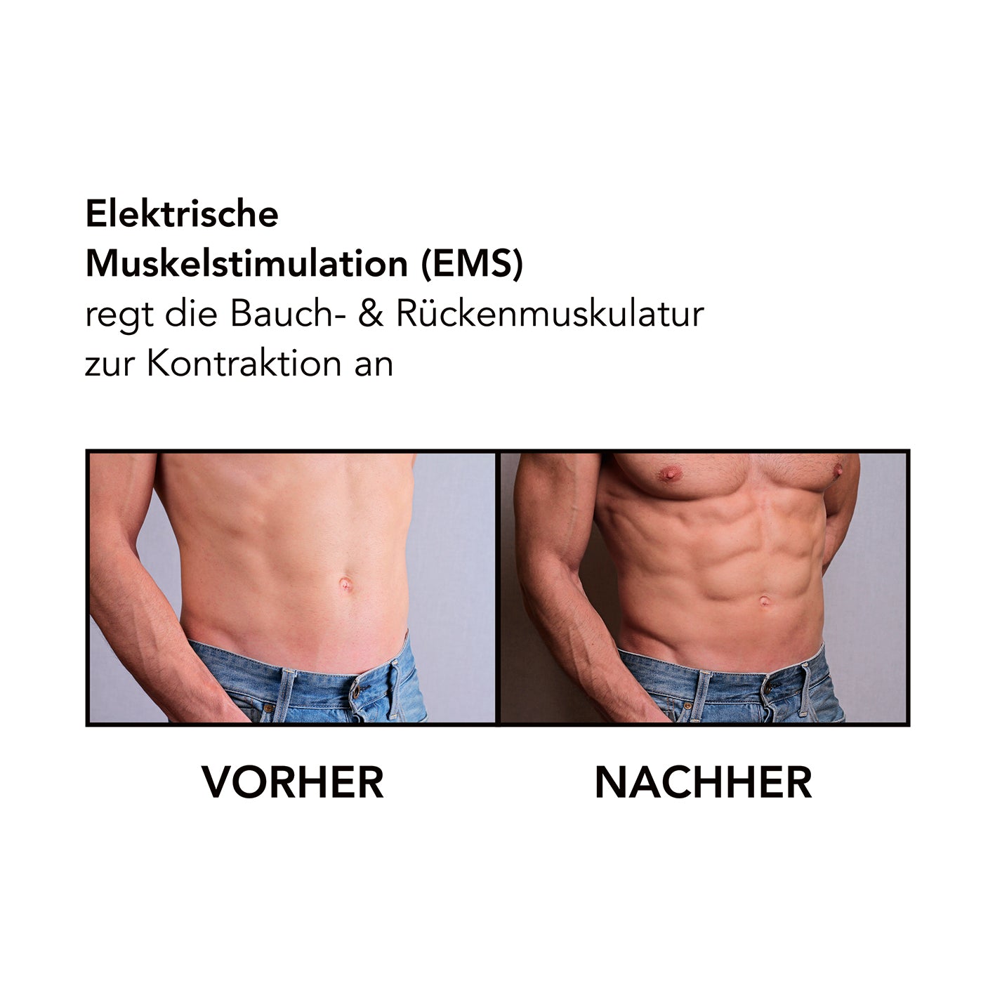 Bauchmuskelgürtel EMS - 6 Programmen - 9 Intensitätsstufen - schwarz, zeigt Vorher-Nachher Ergebnis der Muskelstimulation.