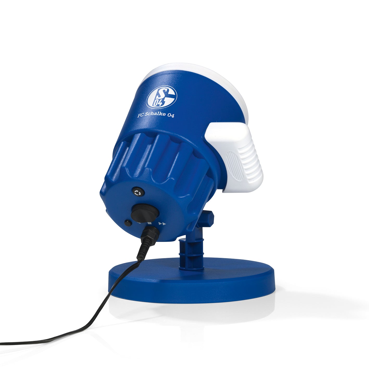 LED-Motivstrahler FC Schalke 05blau/weiß mit Logo, wetterbeständig, rotiert mit 2 Geschwindigkeitsstufen, projiziert S04 Logo außen und innen.