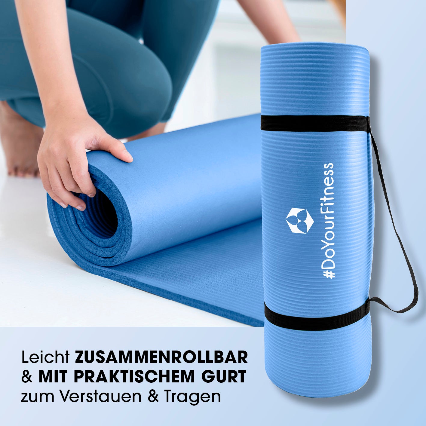 Fitness- und Gymnastikmatte - 183 x 61 x 1,5 cm - Blau mit praktischer Tragetasche, rutschfest und robust für Yoga und Gymnastik.