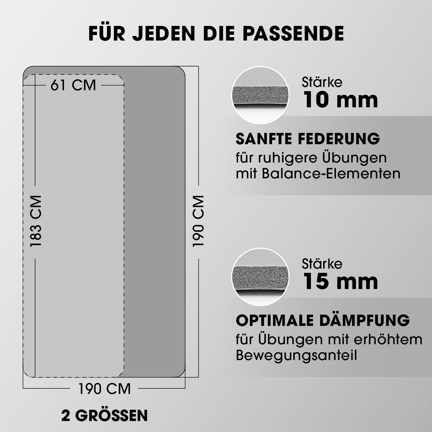 Fitness- und Gymnastikmatte - 183 x 61 x 1 cm - Grau mit 10 mm Federung und 15 mm Dämpfung für verschiedene Übungen.