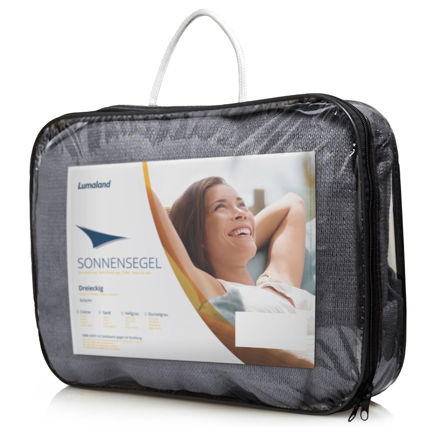 Verpacktes Sonnensegel 100% HDPE - Dreieck 3 x 3 Meter - dunkelgrau in Transporttasche mit Tragegriff.