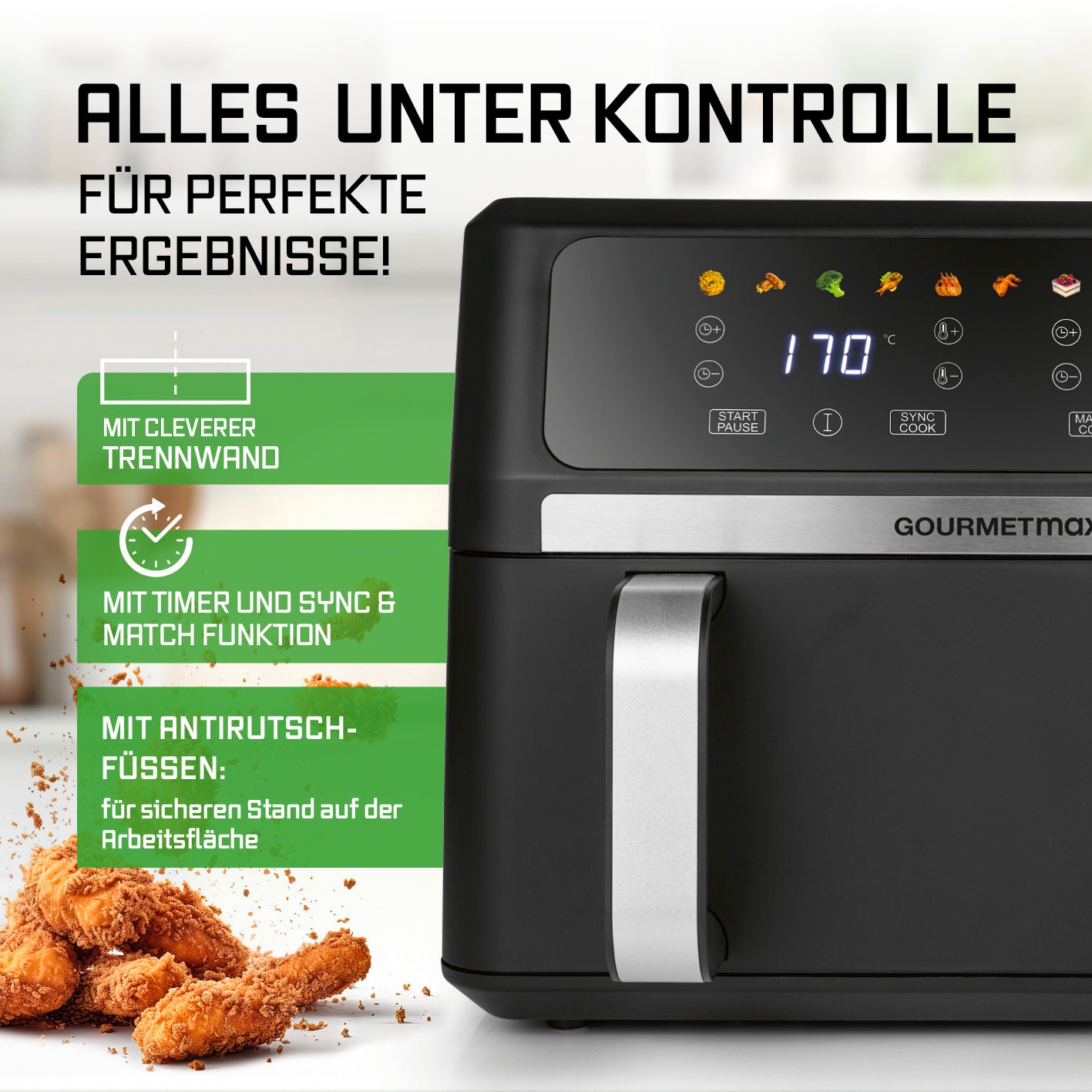 Vario-Kammer-Heißluftfritteuse - 10 Liter mit Trennwand, Timer, Sync & Match Funktion und Antirutschfüßen für optimale Kontrolle.