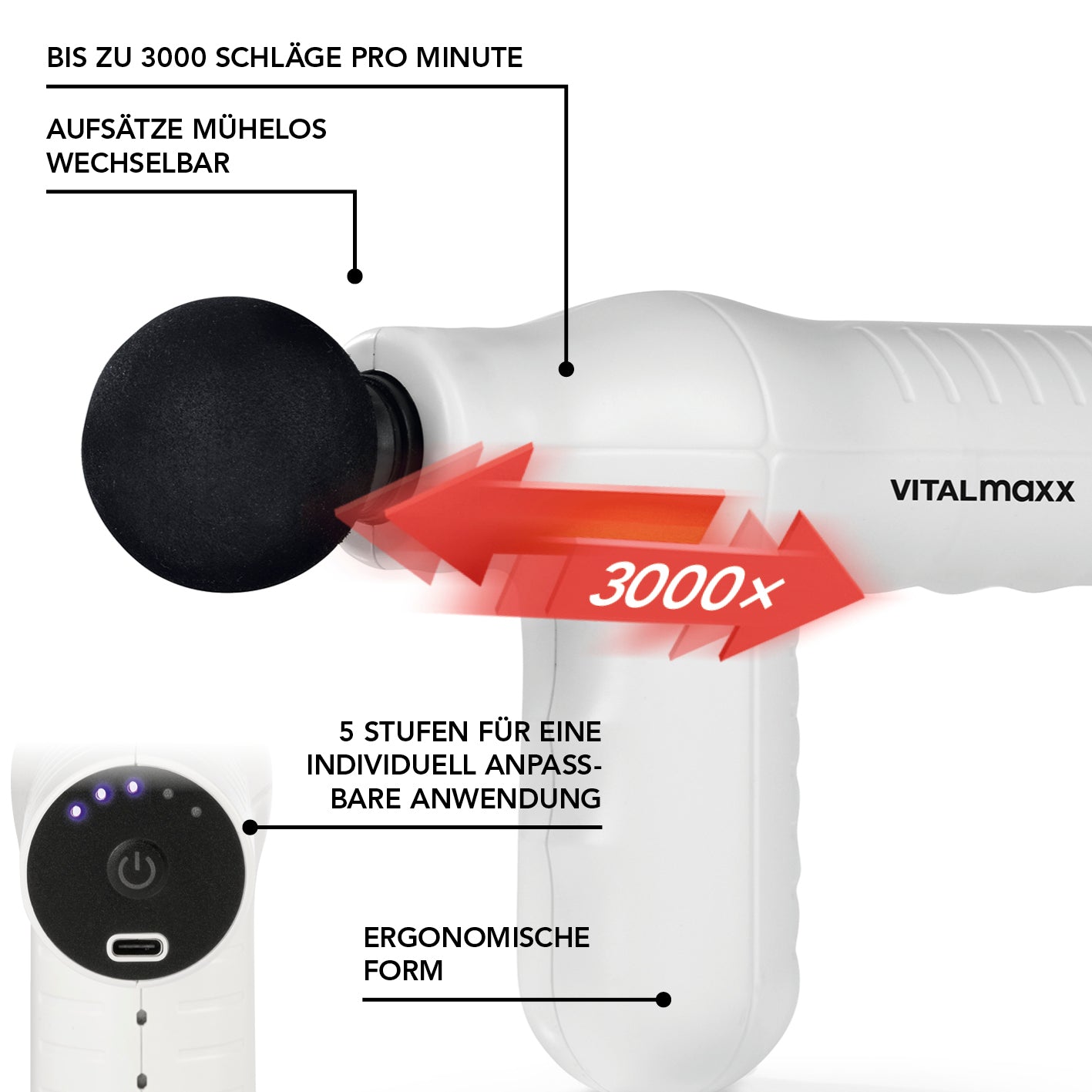 Mini Massage Gun Smart Grip - Weiß mit bis zu 3000 Schlägen/min, 5 Stufen, ergonomischer Form und wechselbaren Aufsätzen.