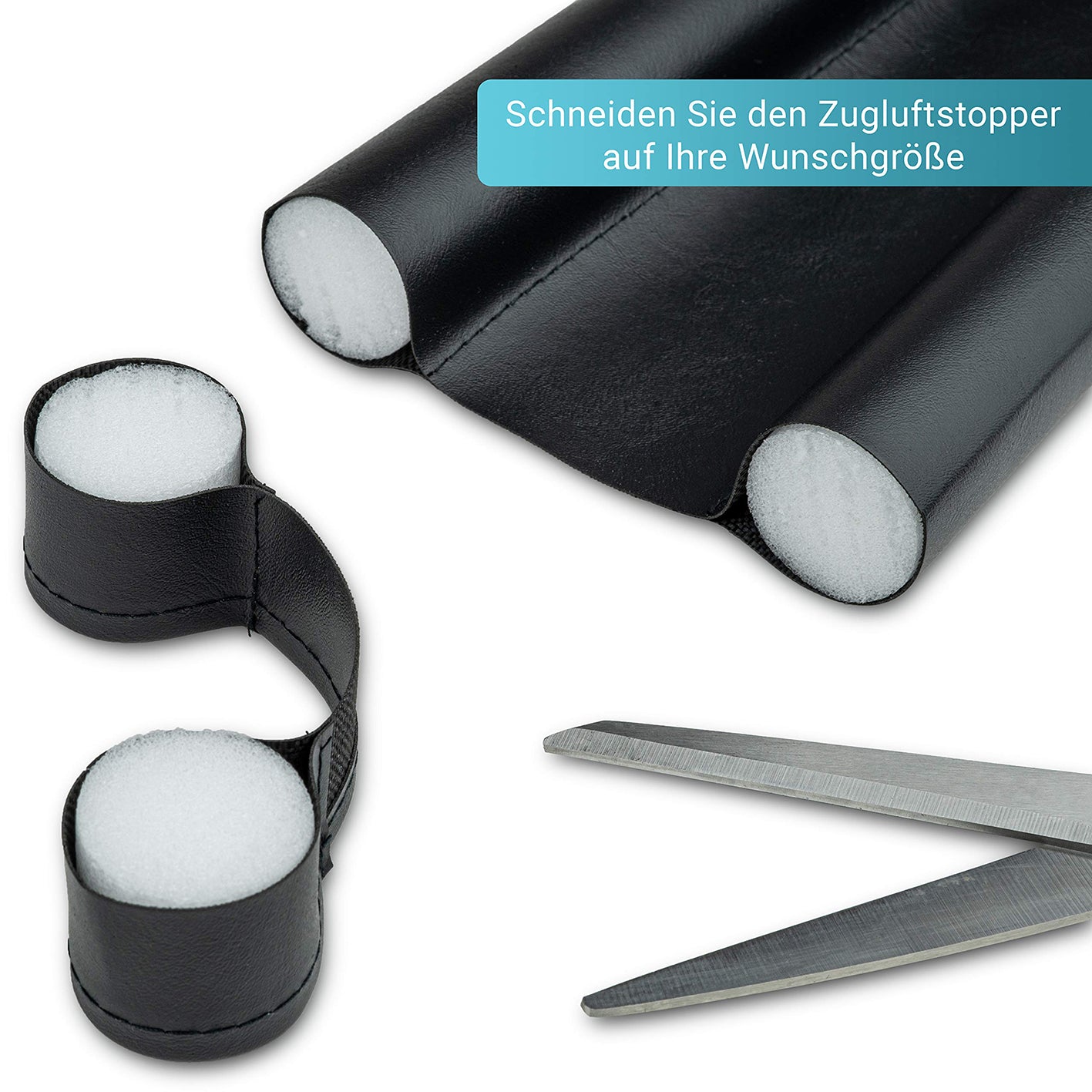 Zugluftstopper für Türen 2er-Set zeigt zuschneidbare Türdichtung gegen Zugluft und Kälte mit Schere zur individuellen Anpassung.