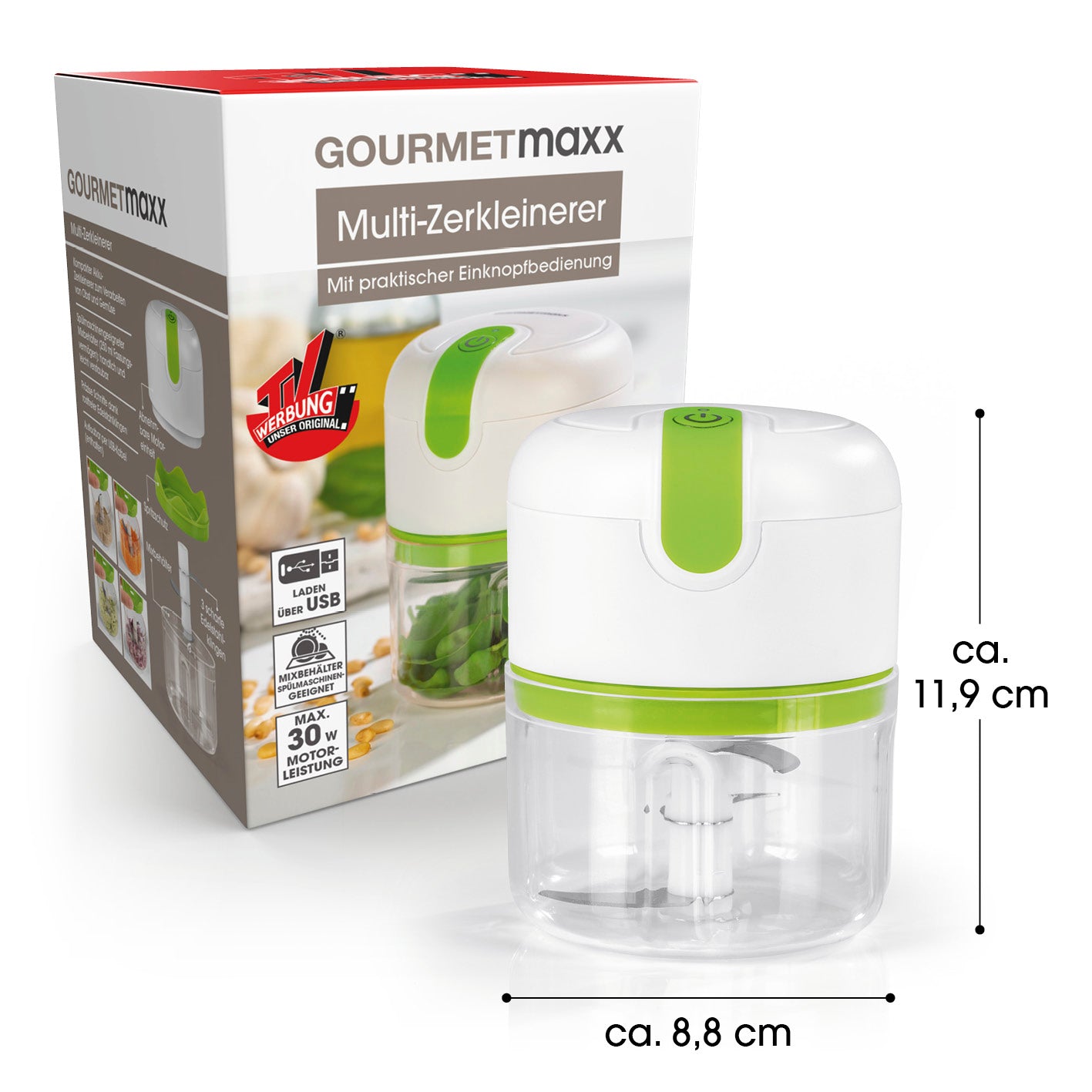 Multi-Zerkleinerer inkl. USB-Kabel - 250 ml, kompakter Akku-Zerkleinerer mit rostfreien Edelstahlklingen, weiß/limegreen.