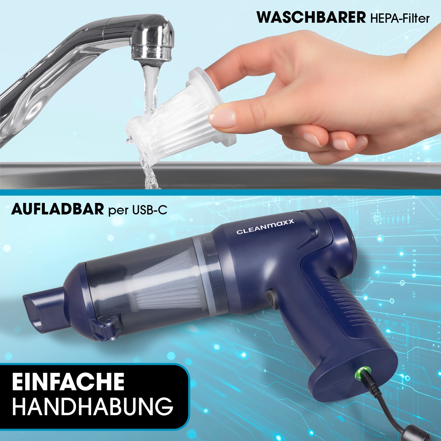 2in1-Akkusauger mit Saug- & Gebläsefunktion, waschbarer HEPA-Filter, USB-C aufladbar, einfache Handhabung, kabellos und kompakt.