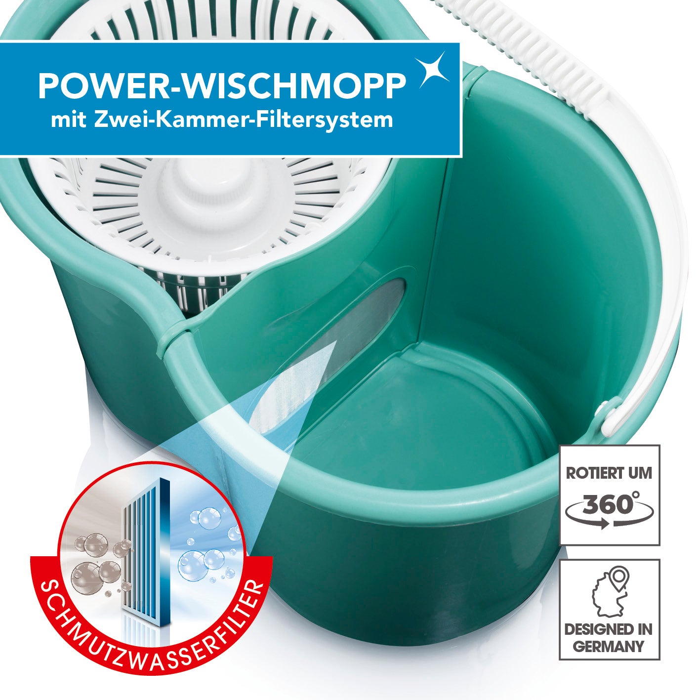 Power-Wischmopp - Zwei-Kammer-Filtersystem - türkis: Eimer mit integriertem Schmutzwasserfilter für sauberes Wischen ohne Bücken.