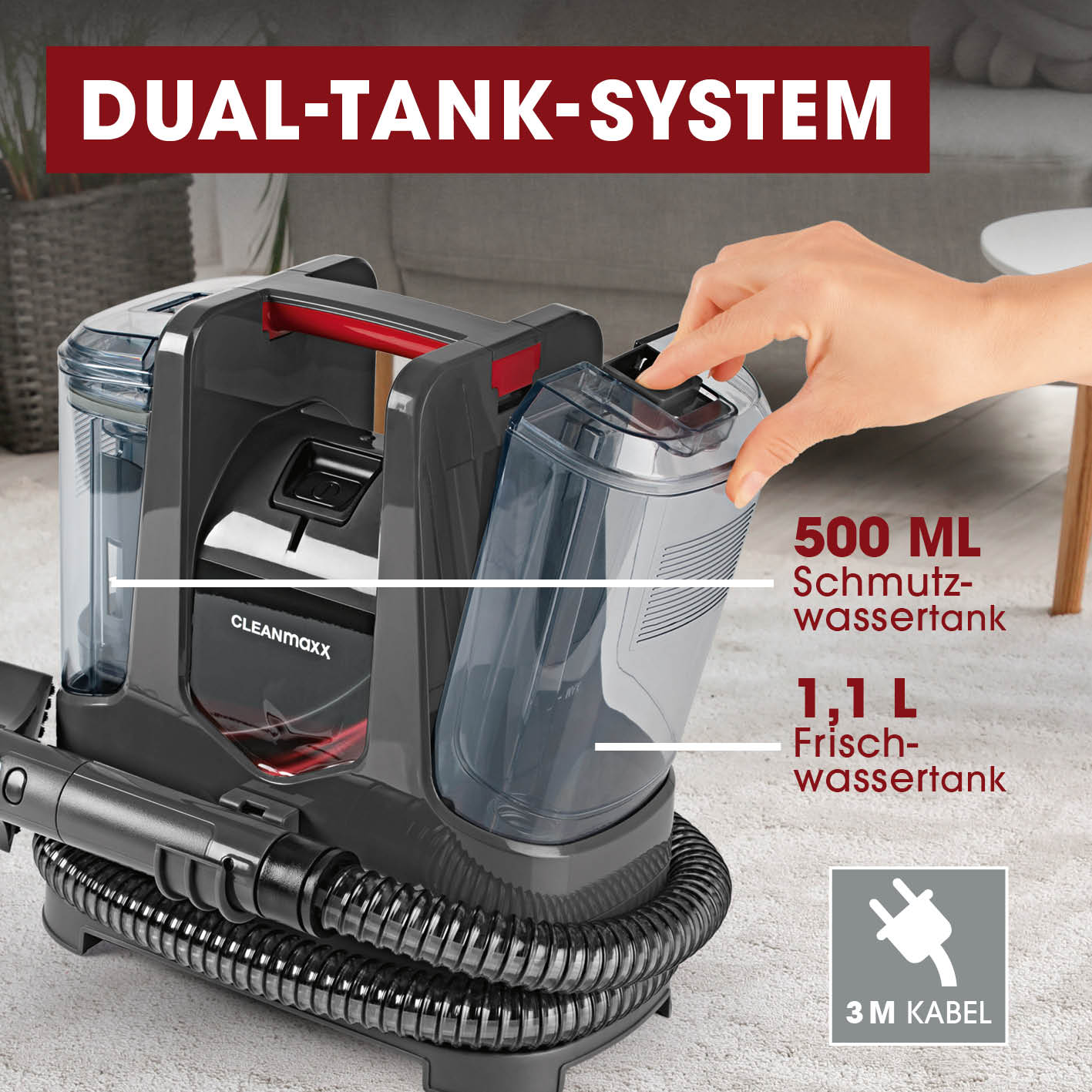 Polster- & Teppichreiniger mit Dual-Tank-System, 500 ml Schmutzwassertank und 1,1 L Frischwassertank von CLEANmaxx.